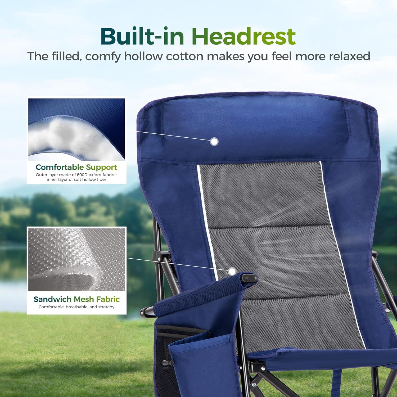 image:imageALPHA CAMP Oversized Folding Camping Chairs High Backrest Heavy Duty Lawn Chairs for Adults Support 500 LBS Portable Camp Chairs with Cup Holders Large Side Pocket for OutdoorNavy Blue