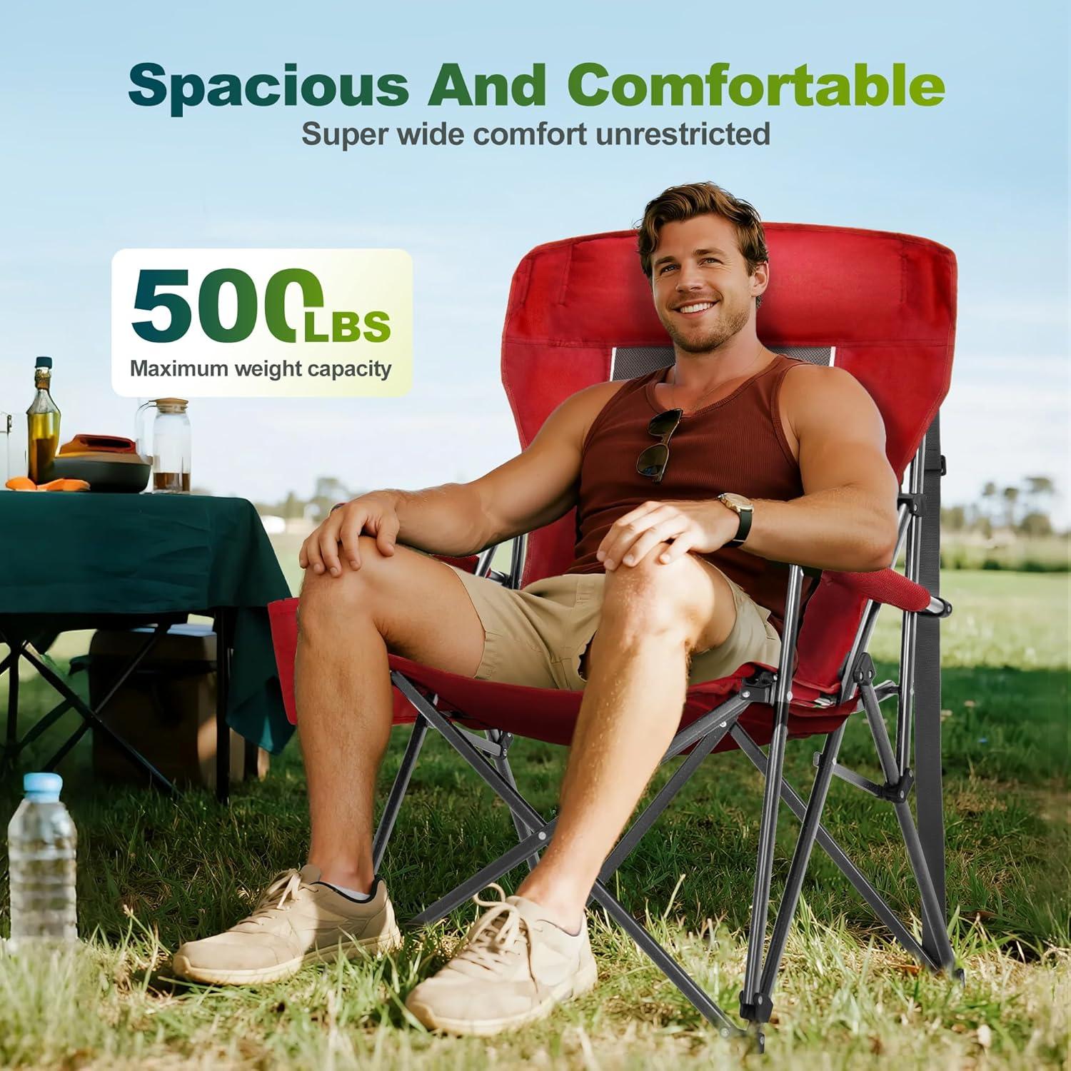 image:imageALPHA CAMP Oversized Folding Camping Chairs High Backrest Heavy Duty Lawn Chairs for Adults Support 500 LBS Portable Camp Chairs with Cup Holders Large Side Pocket for OutdoorRed2