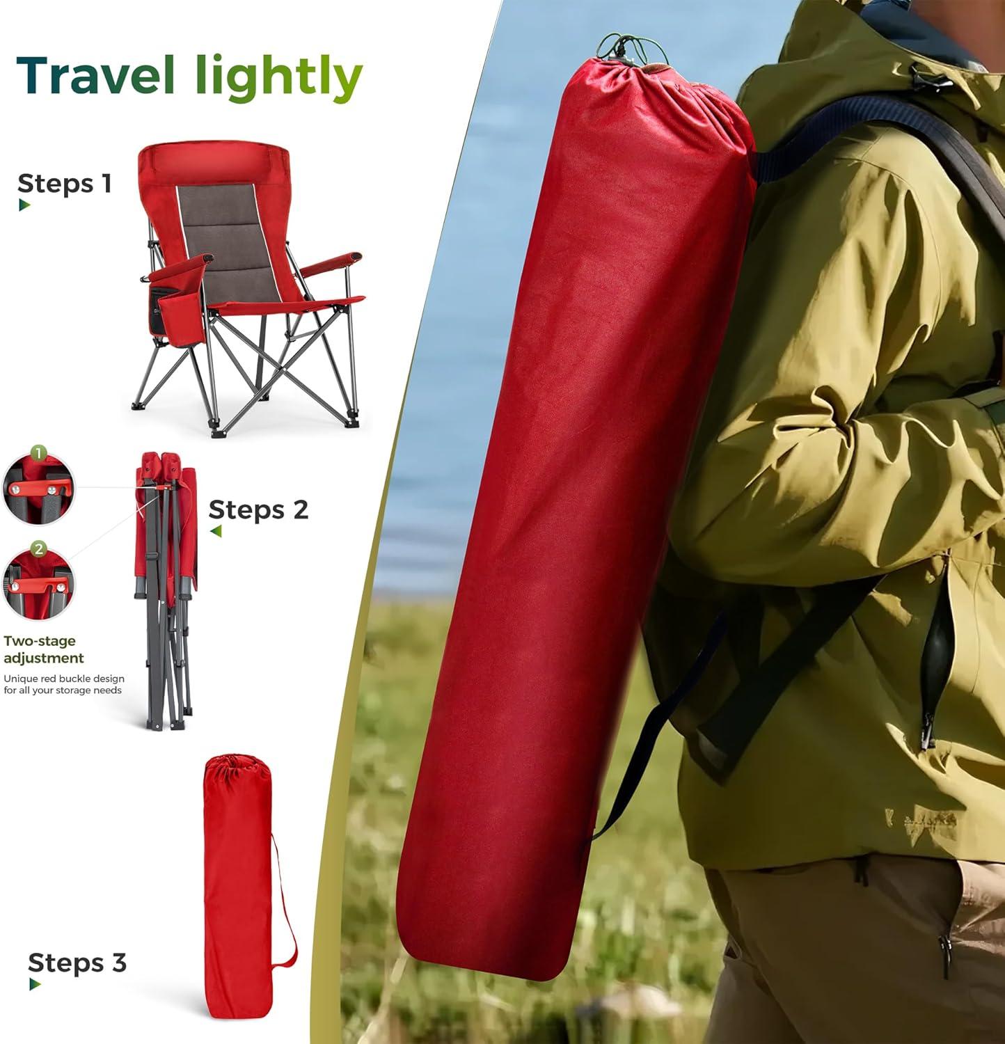 image:imageALPHA CAMP Oversized Folding Camping Chairs High Backrest Heavy Duty Lawn Chairs for Adults Support 500 LBS Portable Camp Chairs with Cup Holders Large Side Pocket for OutdoorRed2