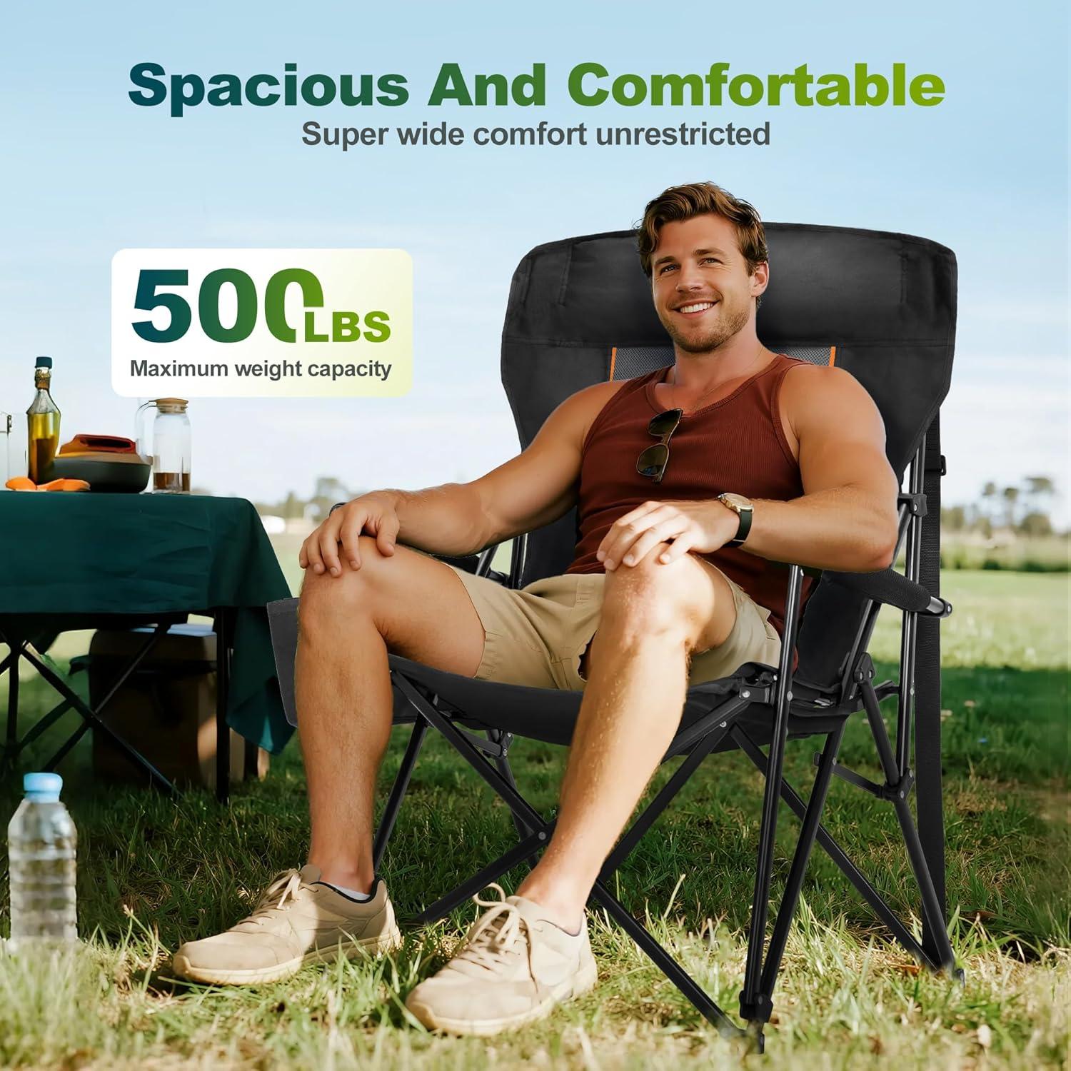 image:imageALPHA CAMP Oversized Folding Camping Chairs High Backrest Heavy Duty Lawn Chairs for Adults Support 500 LBS Portable Camp Chairs with Cup Holders Large Side Pocket for OutdoorBlack2