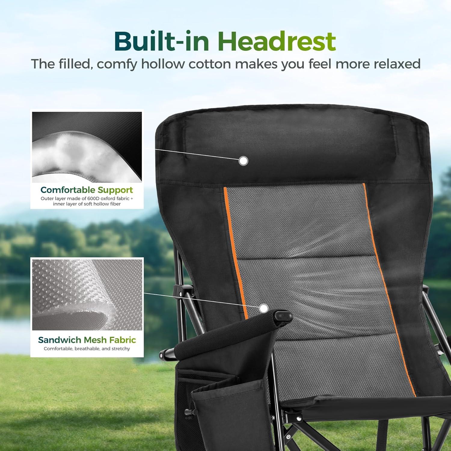 image:imageALPHA CAMP Oversized Folding Camping Chairs High Backrest Heavy Duty Lawn Chairs for Adults Support 500 LBS Portable Camp Chairs with Cup Holders Large Side Pocket for OutdoorBlack2