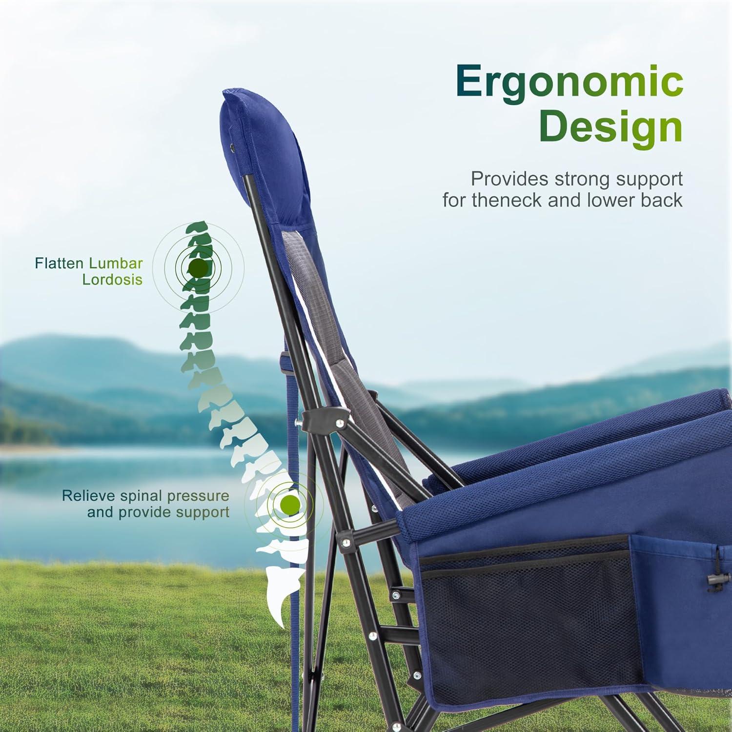 image:imageALPHA CAMP Oversized Folding Camping Chairs High Backrest Heavy Duty Lawn Chairs for Adults Support 500 LBS Portable Camp Chairs with Cup Holders Large Side Pocket for OutdoorNavy Blue