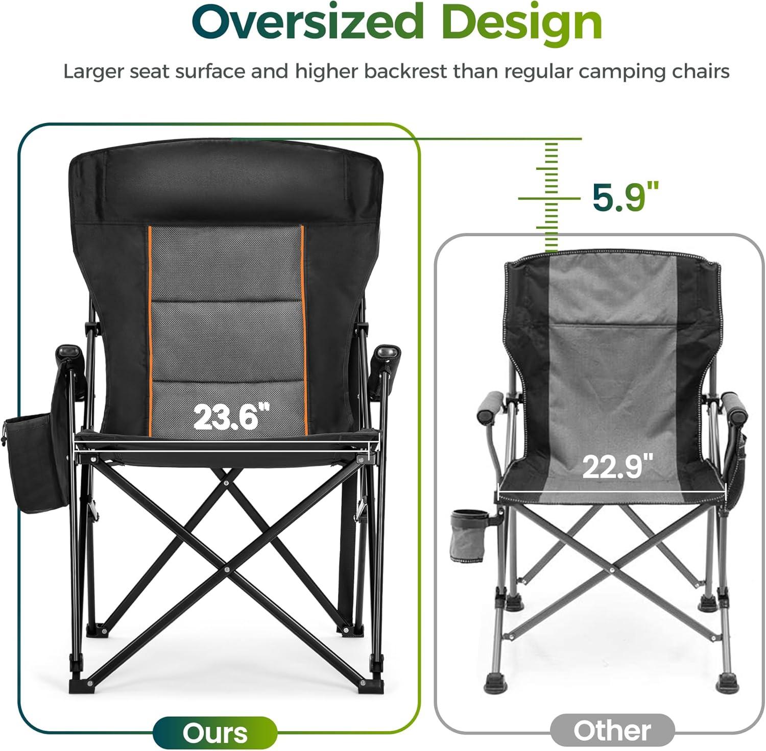 image:imageALPHA CAMP Oversized Folding Camping Chairs High Backrest Heavy Duty Lawn Chairs for Adults Support 500 LBS Portable Camp Chairs with Cup Holders Large Side Pocket for OutdoorBlack
