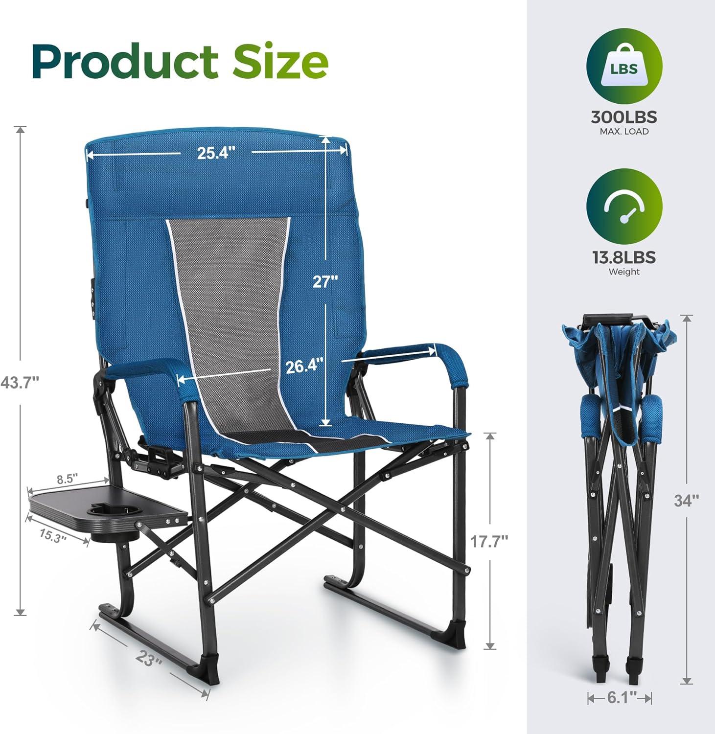image:imageALPHA CAMP Oversized Folding Camping Chairs High Backrest Reclining Director Heavy Duty Lawn Chairs for Adults Support 300 LBS Fishing Chairs with Large Side Table Cup Holders for Outdoor Fishing