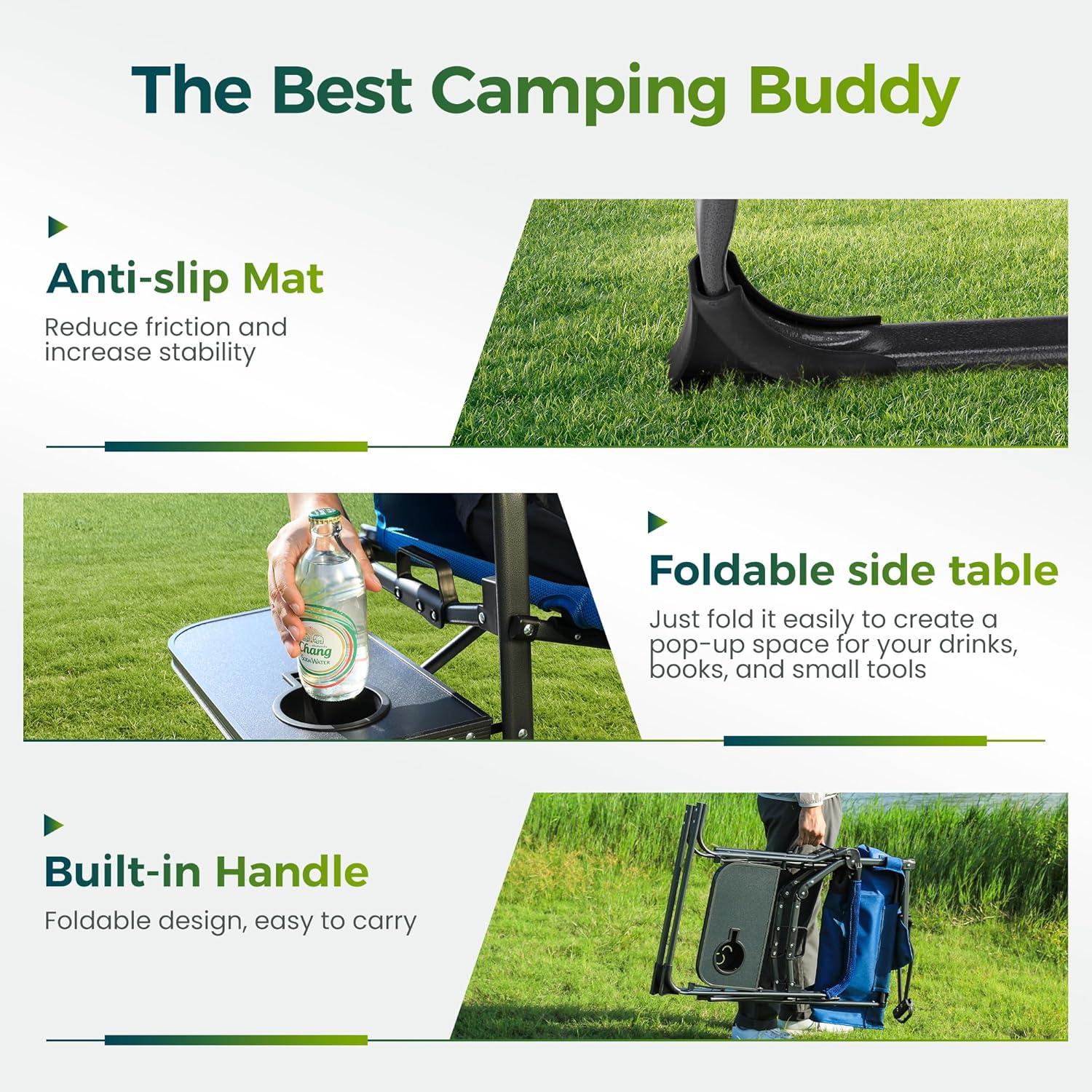 image:imageALPHA CAMP Oversized Folding Camping Chairs High Backrest Reclining Director Heavy Duty Lawn Chairs for Adults Support 300 LBS Fishing Chairs with Large Side Table Cup Holders for Outdoor Fishing
