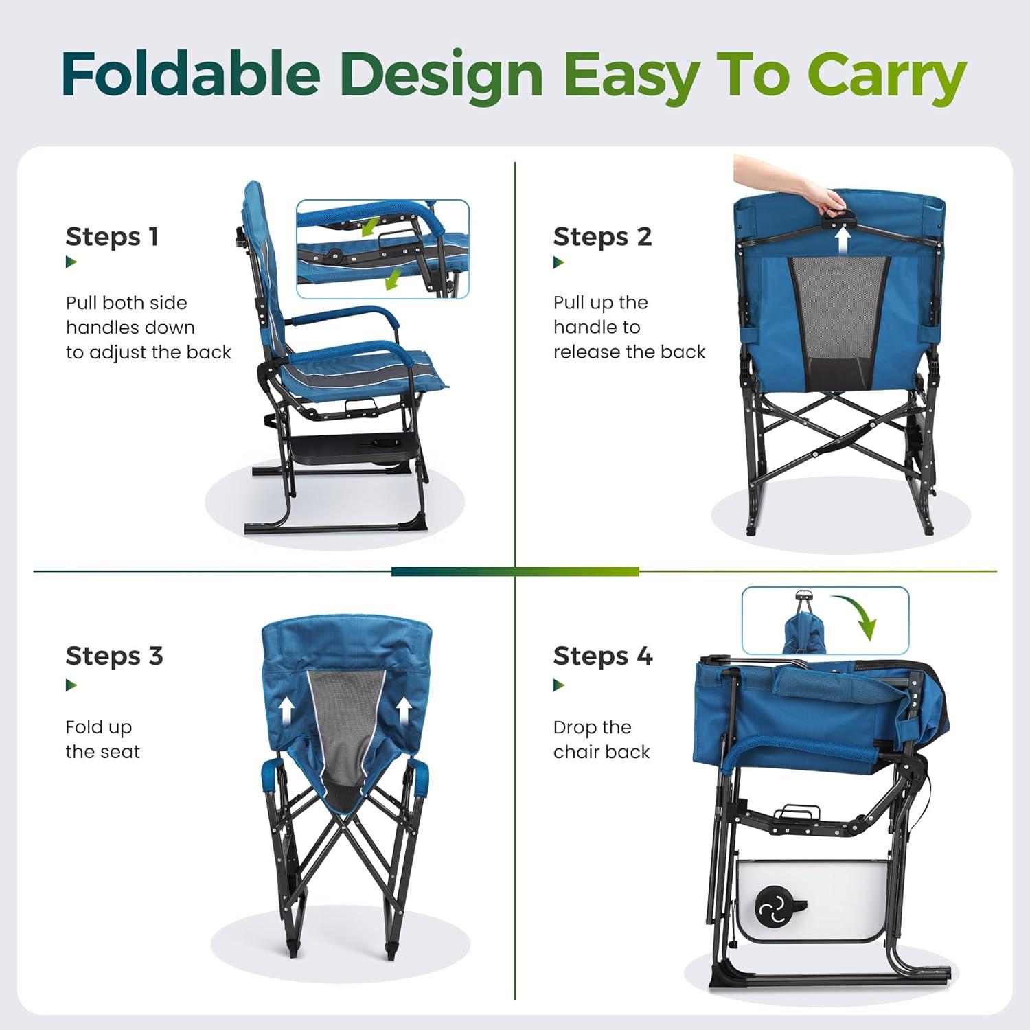image:imageALPHA CAMP Oversized Folding Camping Chairs High Backrest Reclining Director Heavy Duty Lawn Chairs for Adults Support 300 LBS Fishing Chairs with Large Side Table Cup Holders for Outdoor Fishing