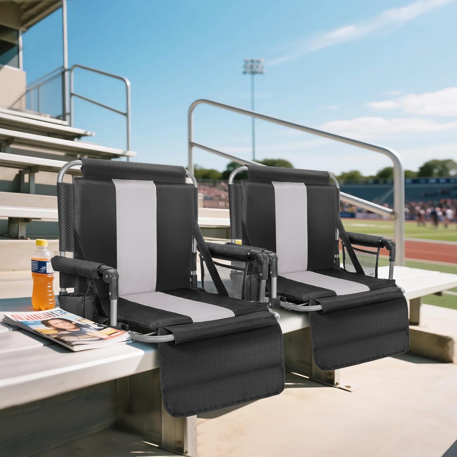 image:imageALPHA CAMP Stadium Seats for Bleachers with Armrests Thick Padded Bleacher Chairs with Back Support Extra Wide Stadium Chair for Sports Events Portable with Shoulder Straps amp Pockets Black2PCBlack Grey