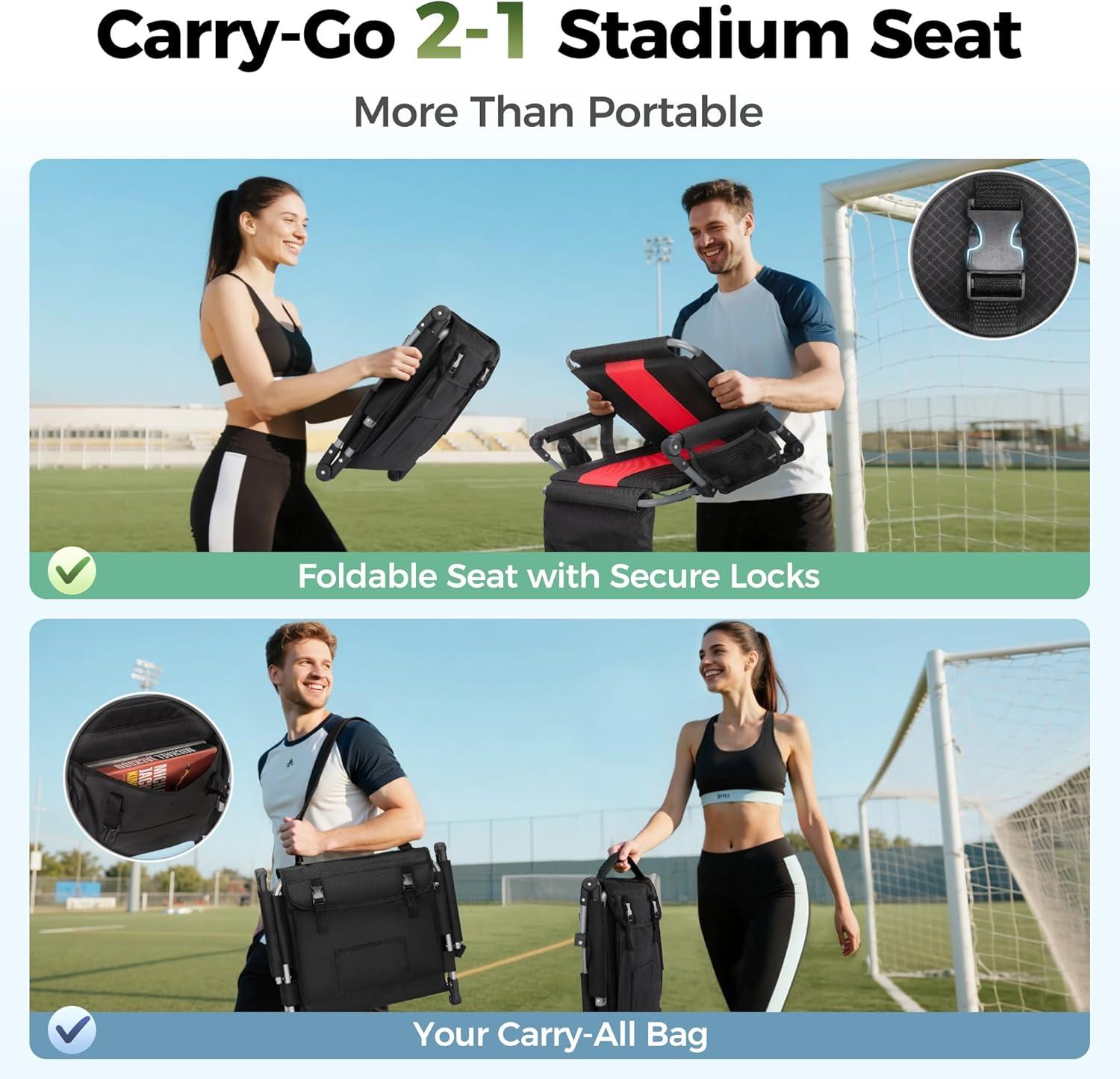 image:imageALPHA CAMP Stadium Seats for Bleachers with Armrests Thick Padded Bleacher Chairs with Back Support Extra Wide Stadium Chair for Sports Events Portable with Shoulder Straps amp Pockets Black2PCBlack Red