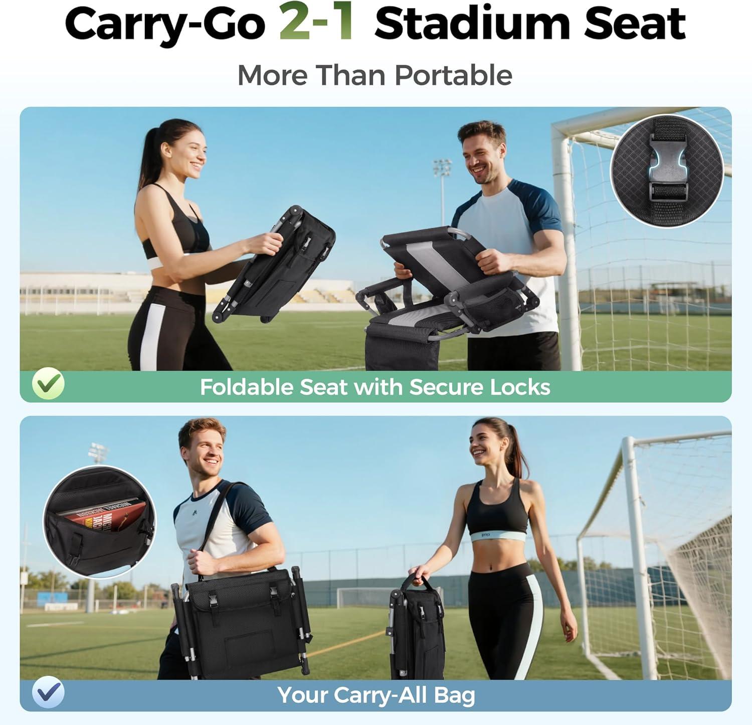 image:imageALPHA CAMP Stadium Seats for Bleachers with Armrests Thick Padded Bleacher Chairs with Back Support Extra Wide Stadium Chair for Sports Events Portable with Shoulder Straps amp Pockets Black2PCBlack Grey