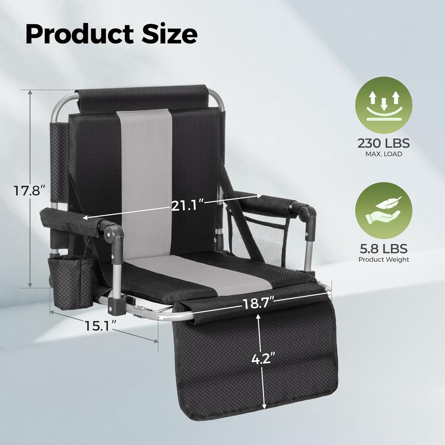 image:imageALPHA CAMP Stadium Seats for Bleachers with Armrests Thick Padded Bleacher Chairs with Back Support Extra Wide Stadium Chair for Sports Events Portable with Shoulder Straps amp Pockets Black2PCBlackgrey