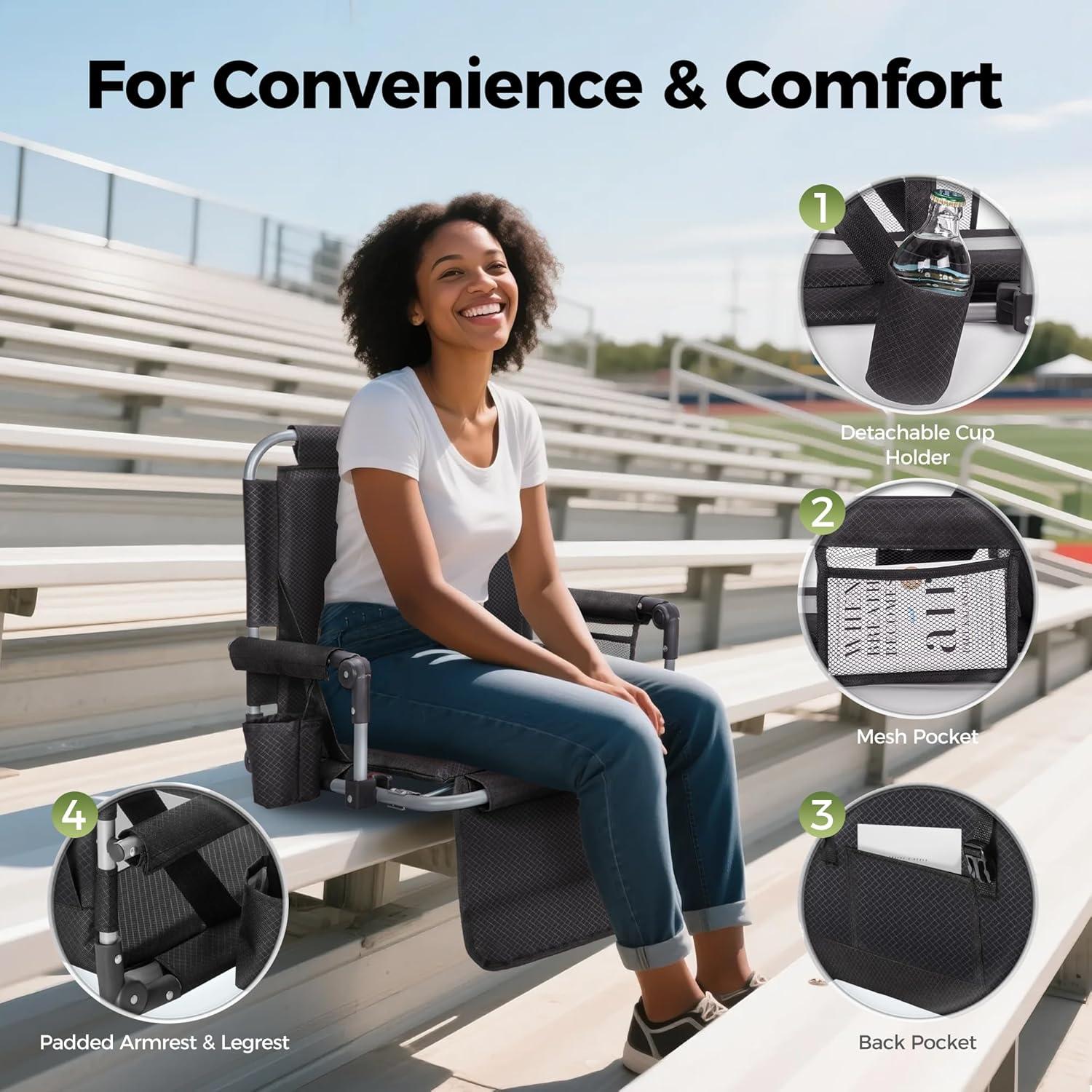 image:imageALPHA CAMP Stadium Seats for Bleachers with Armrests Thick Padded Bleacher Chairs with Back Support Extra Wide Stadium Chair for Sports Events Portable with Shoulder Straps amp Pockets Black2PCBlackgrey