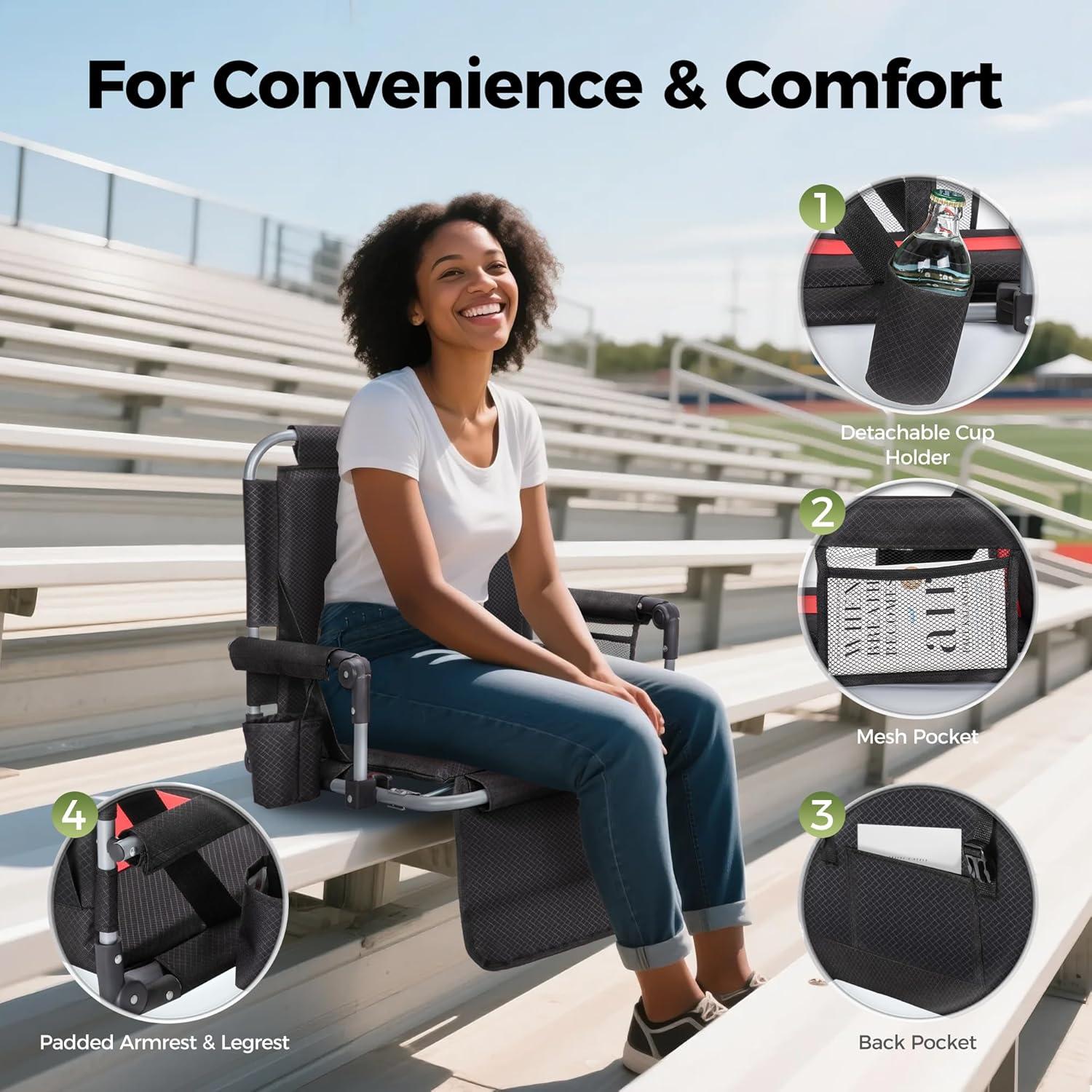 image:imageALPHA CAMP Stadium Seats for Bleachers with Armrests Thick Padded Bleacher Chairs with Back Support Extra Wide Stadium Chair for Sports Events Portable with Shoulder Straps amp Pockets Black2PCBlackred