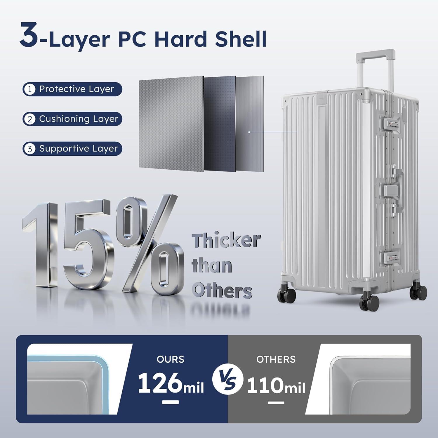 image:imageALPHA CAMP Trunk Luggage Large 30 Inch Thickened Aluminum Frame Luggage with TSA Spinner Wheels 3Layer PC Hardside Zipperless Travel Suitcase with TypeC USB Charging Port Cup HolderGreySliver
