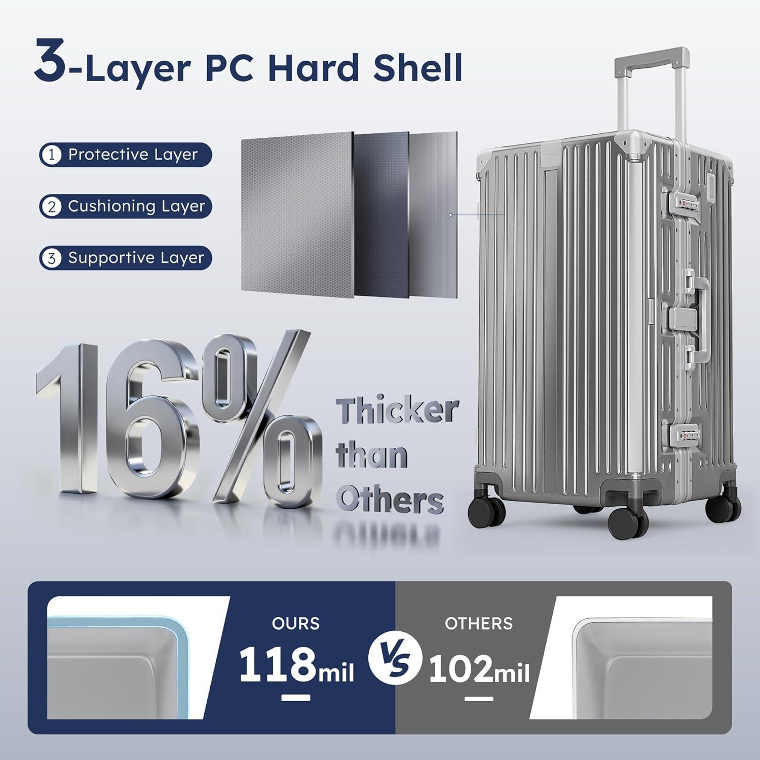 image:imageALPHA CAMP Trunk Luggage Large 30 Inch Thickened Aluminum Frame Luggage with TSA Spinner Wheels 3Layer PC Hardside Zipperless Travel Suitcase with TypeC USB Charging Port Cup HolderGreyGrey