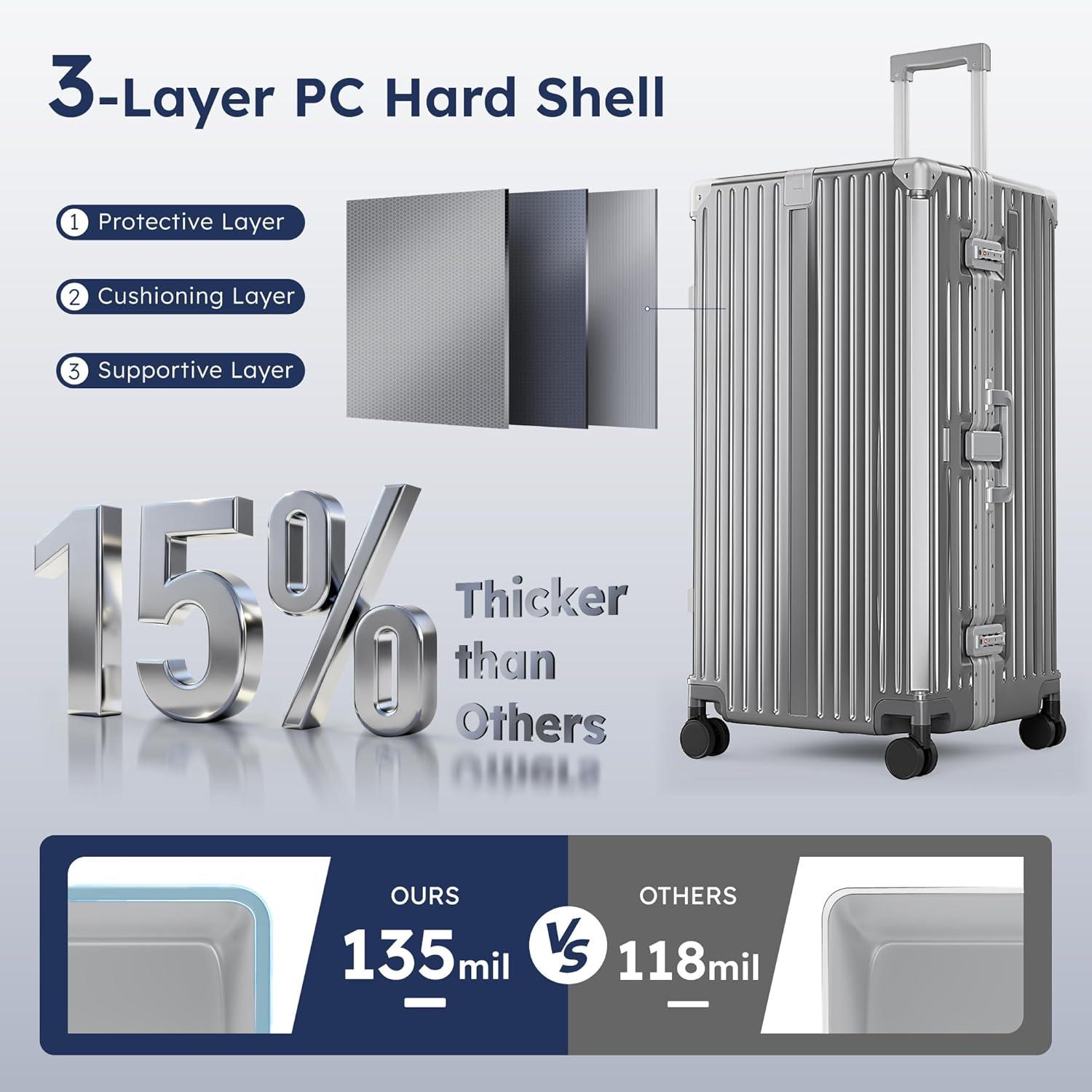 image:imageALPHA CAMP Trunk Luggage Large 30 Inch Thickened Aluminum Frame Luggage with TSA Spinner Wheels 3Layer PC Hardside Zipperless Travel Suitcase with TypeC USB Charging Port Cup HolderGreyGrey