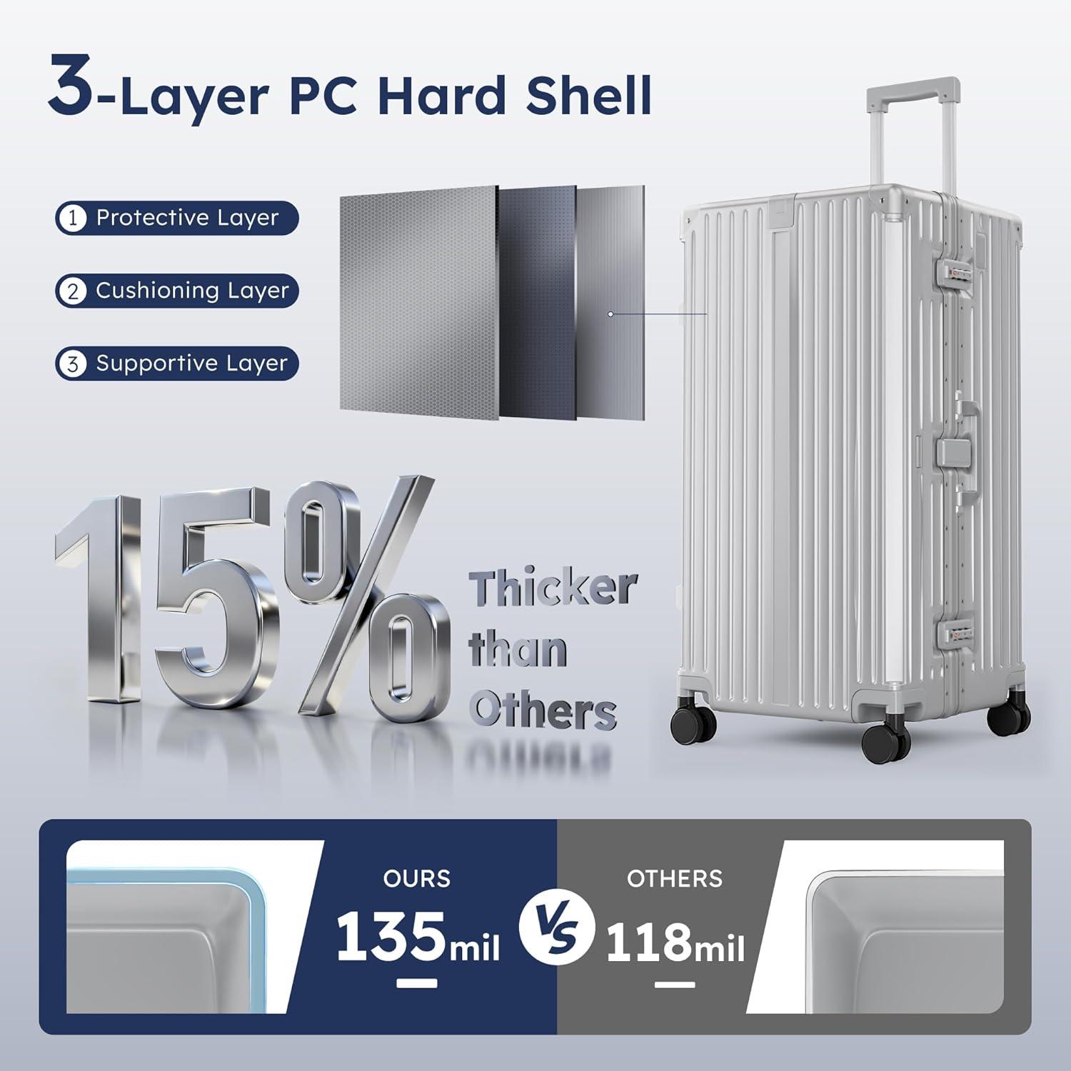 image:imageALPHA CAMP Trunk Luggage Large 30 Inch Thickened Aluminum Frame Luggage with TSA Spinner Wheels 3Layer PC Hardside Zipperless Travel Suitcase with TypeC USB Charging Port Cup HolderGreySliver