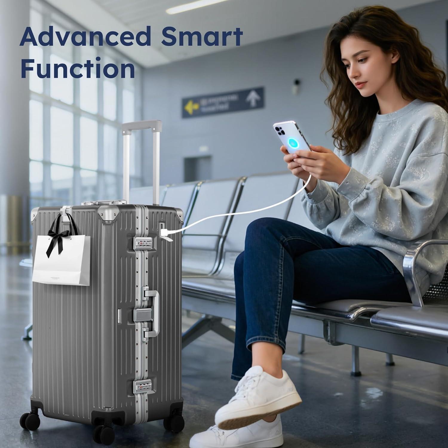 image:imageALPHA CAMP Trunk Luggage Large 30 Inch Thickened Aluminum Frame Luggage with TSA Spinner Wheels 3Layer PC Hardside Zipperless Travel Suitcase with TypeC USB Charging Port Cup HolderGreyGrey
