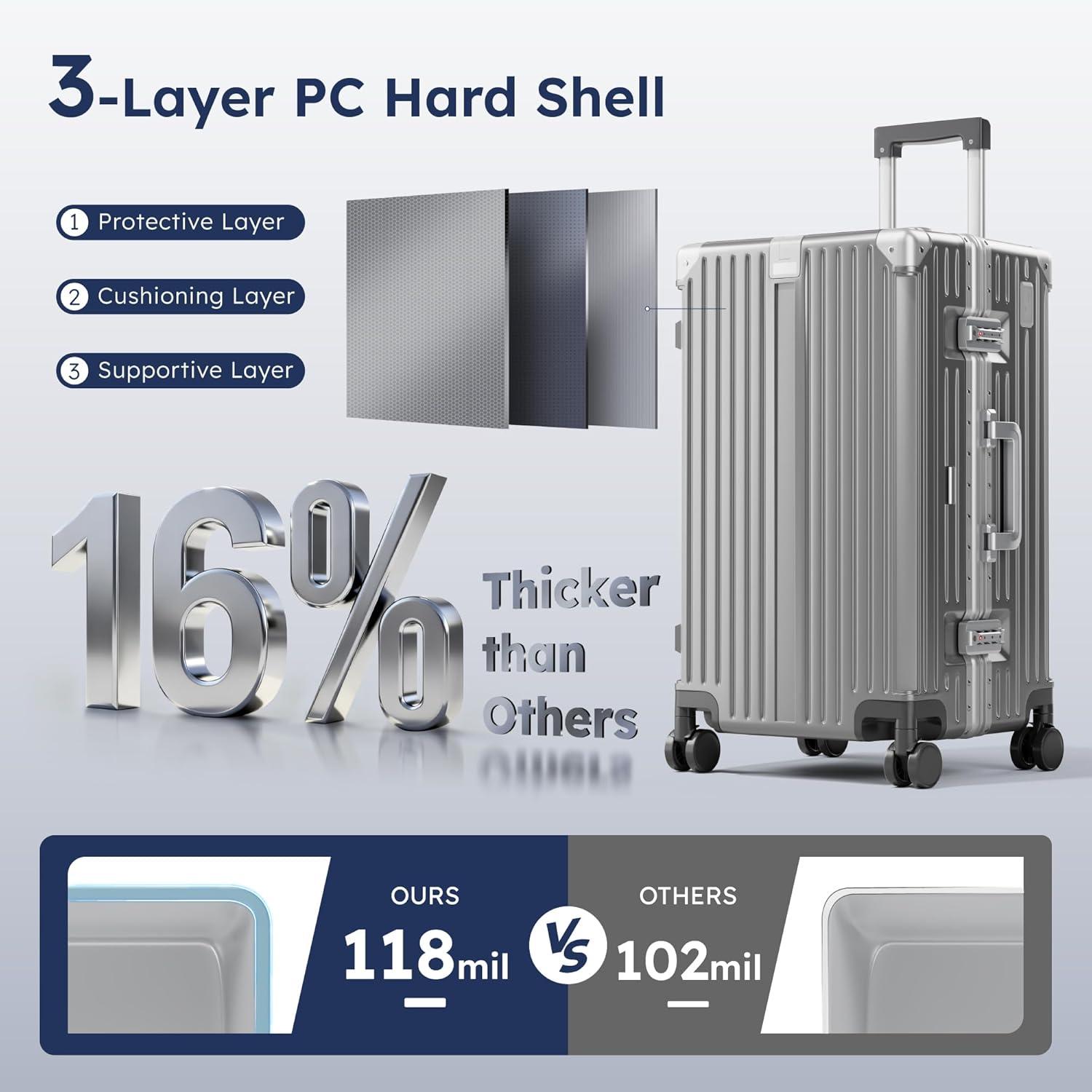 image:imageALPHA CAMP Trunk Luggage Large 30 Inch Thickened Aluminum Frame Luggage with TSA Spinner Wheels 3Layer PC Hardside Zipperless Travel Suitcase with TypeC USB Charging Port Cup HolderGreyGrey