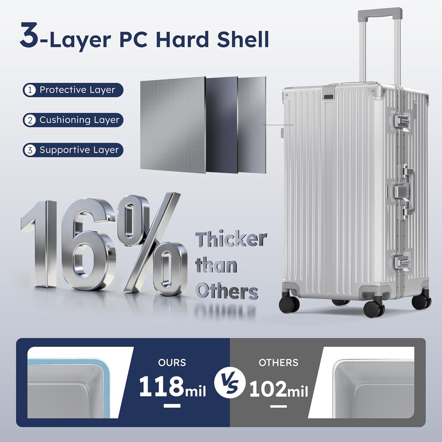image:imageALPHA CAMP Trunk Luggage Large 30 Inch Thickened Aluminum Frame Luggage with TSA Spinner Wheels 3Layer PC Hardside Zipperless Travel Suitcase with TypeC USB Charging Port Cup HolderGreySliver