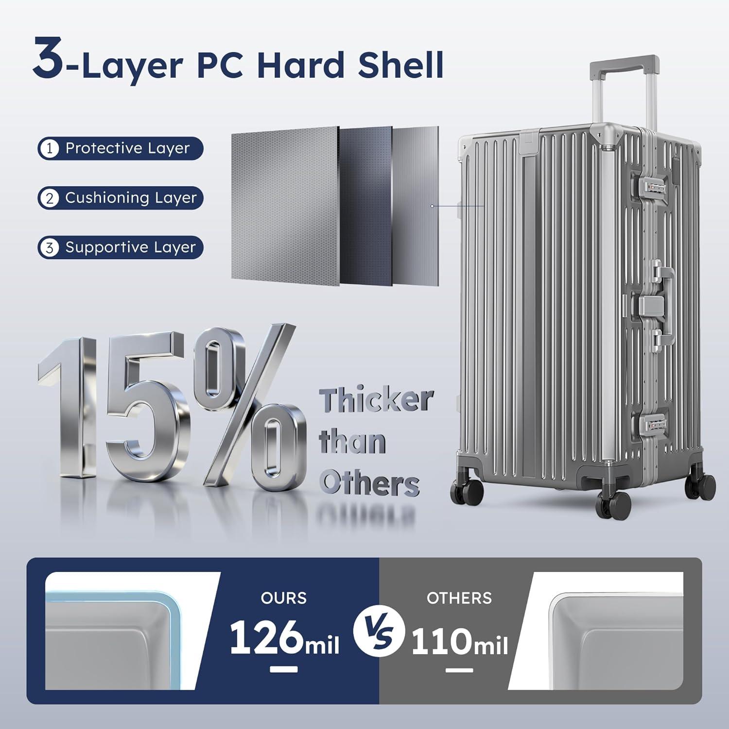 image:imageALPHA CAMP Trunk Luggage Large 30 Inch Thickened Aluminum Frame Luggage with TSA Spinner Wheels 3Layer PC Hardside Zipperless Travel Suitcase with TypeC USB Charging Port Cup HolderGreyGrey