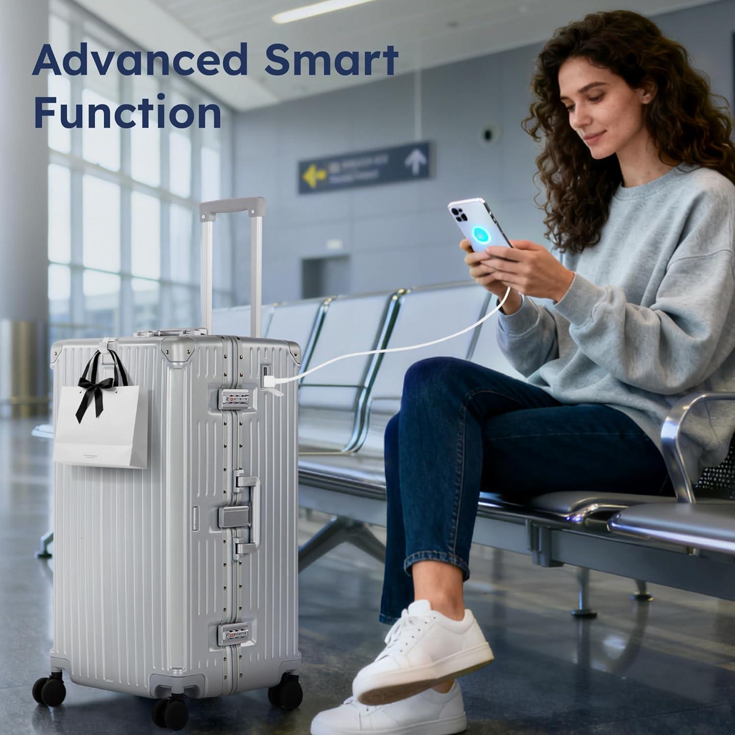 image:imageALPHA CAMP Trunk Luggage Large 30 Inch Thickened Aluminum Frame Luggage with TSA Spinner Wheels 3Layer PC Hardside Zipperless Travel Suitcase with TypeC USB Charging Port Cup HolderGreySliver