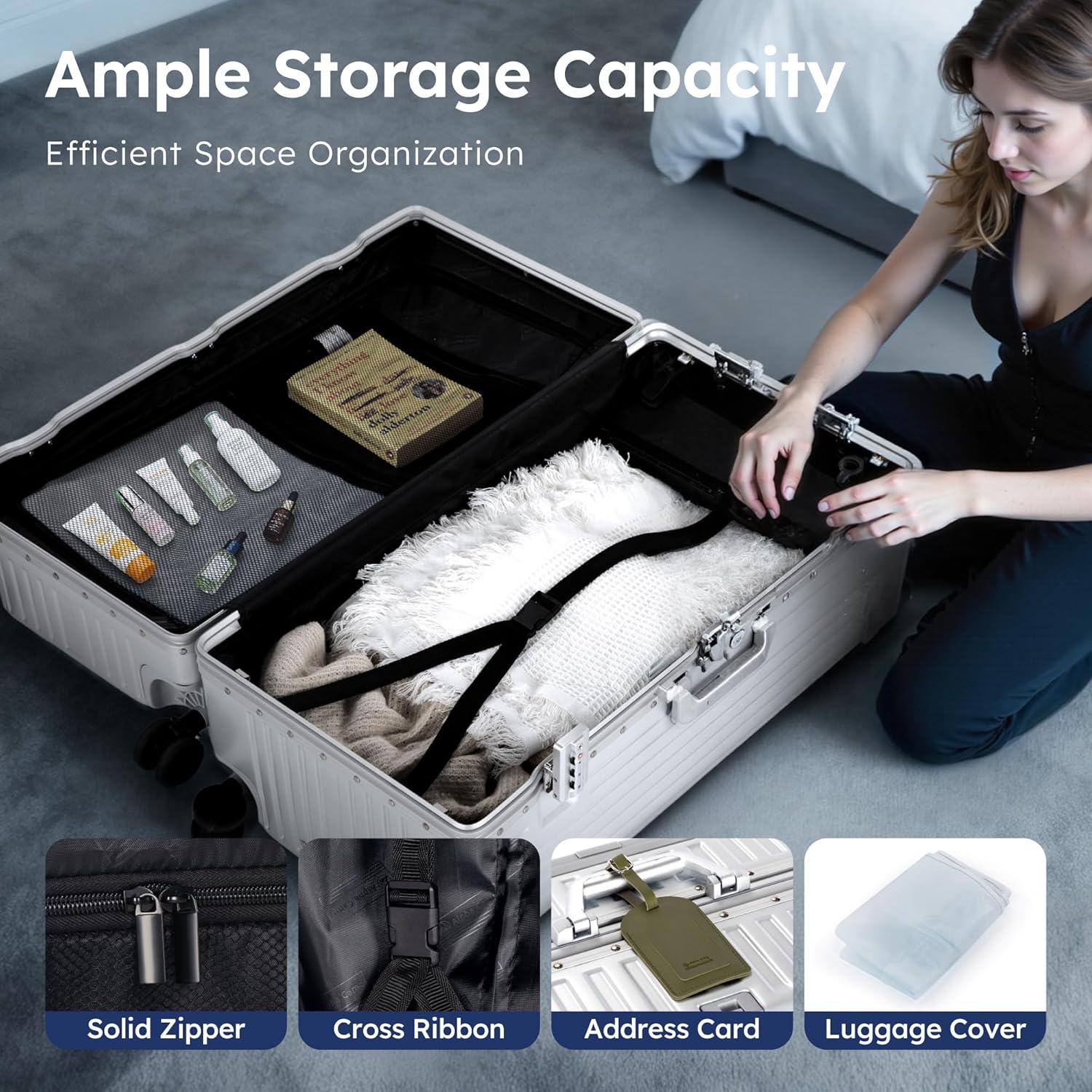 image:imageALPHA CAMP Trunk Luggage Large 30 Inch Thickened Aluminum Frame Luggage with TSA Spinner Wheels 3Layer PC Hardside Zipperless Travel Suitcase with TypeC USB Charging Port Cup HolderGreySliver