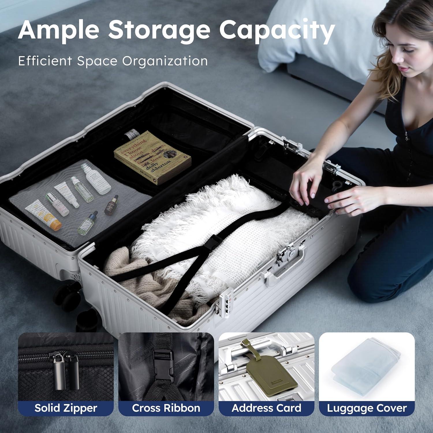 image:imageALPHA CAMP Trunk Luggage Large 30 Inch Thickened Aluminum Frame Luggage with TSA Spinner Wheels 3Layer PC Hardside Zipperless Travel Suitcase with TypeC USB Charging Port Cup HolderGreySliver