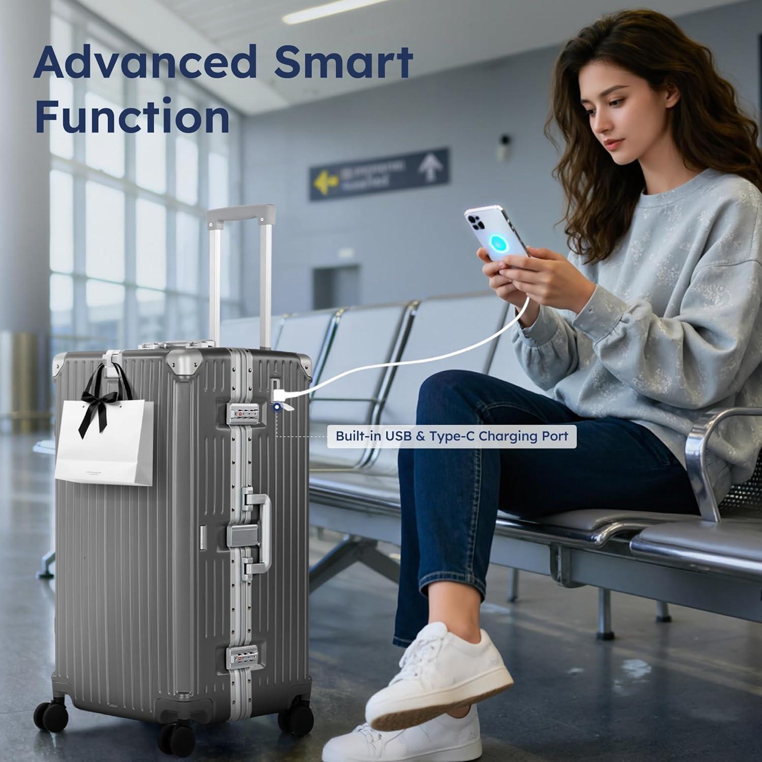 image:imageALPHA CAMP Trunk Luggage Large 30 Inch Thickened Aluminum Frame Luggage with TSA Spinner Wheels 3Layer PC Hardside Zipperless Travel Suitcase with TypeC USB Charging Port Cup HolderGreyGrey