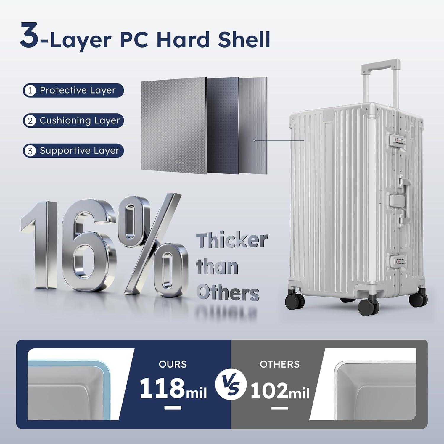 image:imageALPHA CAMP Trunk Luggage Large 30 Inch Thickened Aluminum Frame Luggage with TSA Spinner Wheels 3Layer PC Hardside Zipperless Travel Suitcase with TypeC USB Charging Port Cup HolderGreySliver