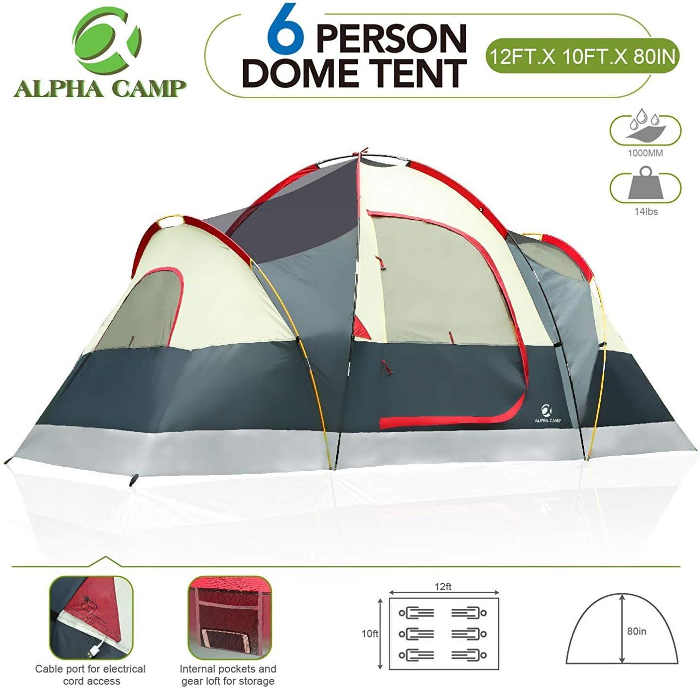 image:imageAlpha Camp 6 Person Tent Extended Dome Tent for Camping Waterproof with Rainfly and Carry Bag 12 x 10
