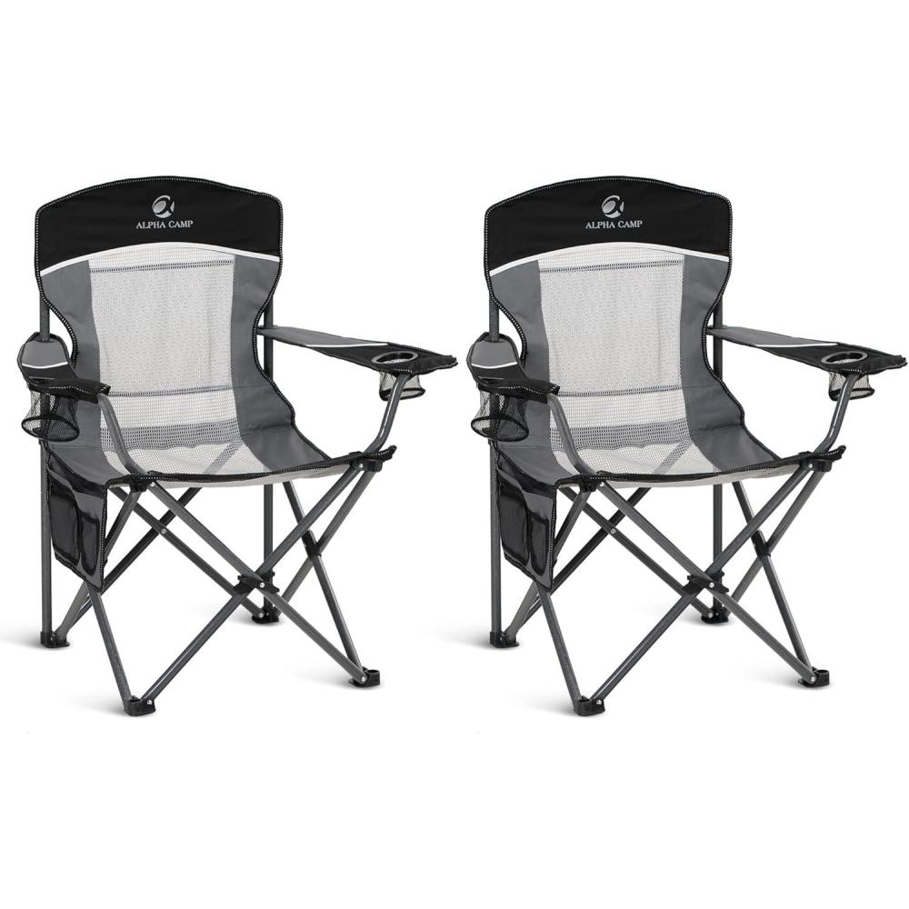 image:imageALPHA CAMP 2PC Oversized Mesh Back Camping Folding Chair Heavy Duty Support 350 LBS Collapsible Steel Frame Quad Chair Padded Arm Chair with Cup Holder Portable for Outdoor Black2PCBlack2pc
