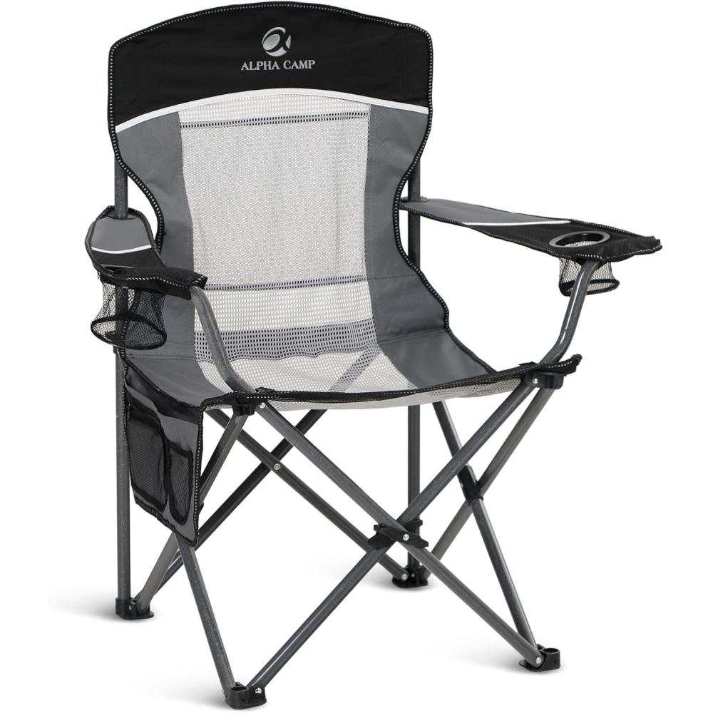 image:imageALPHA CAMP 2PC Oversized Mesh Back Camping Folding Chair Heavy Duty Support 350 LBS Collapsible Steel Frame Quad Chair Padded Arm Chair with Cup Holder Portable for Outdoor Black2PCBlack