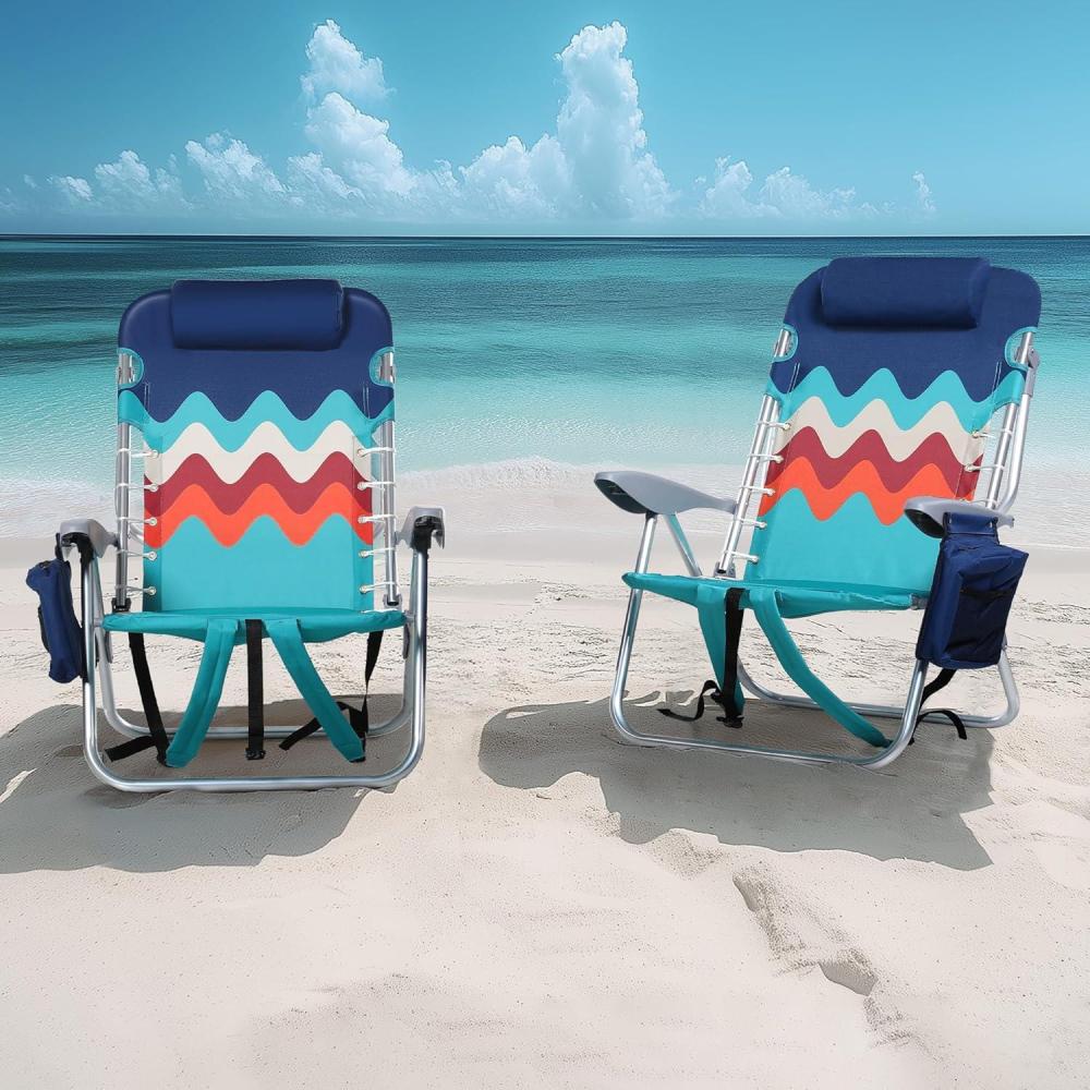 image:imageALPHA CAMP Backpack Beach Chairs Set of 2 with Cooler Bag 4 Position Classic Lay Flat Folding Beach Chair with Backpack Straps Support 250LBS Blue Oxford Fabric Aluminum FrameBlue