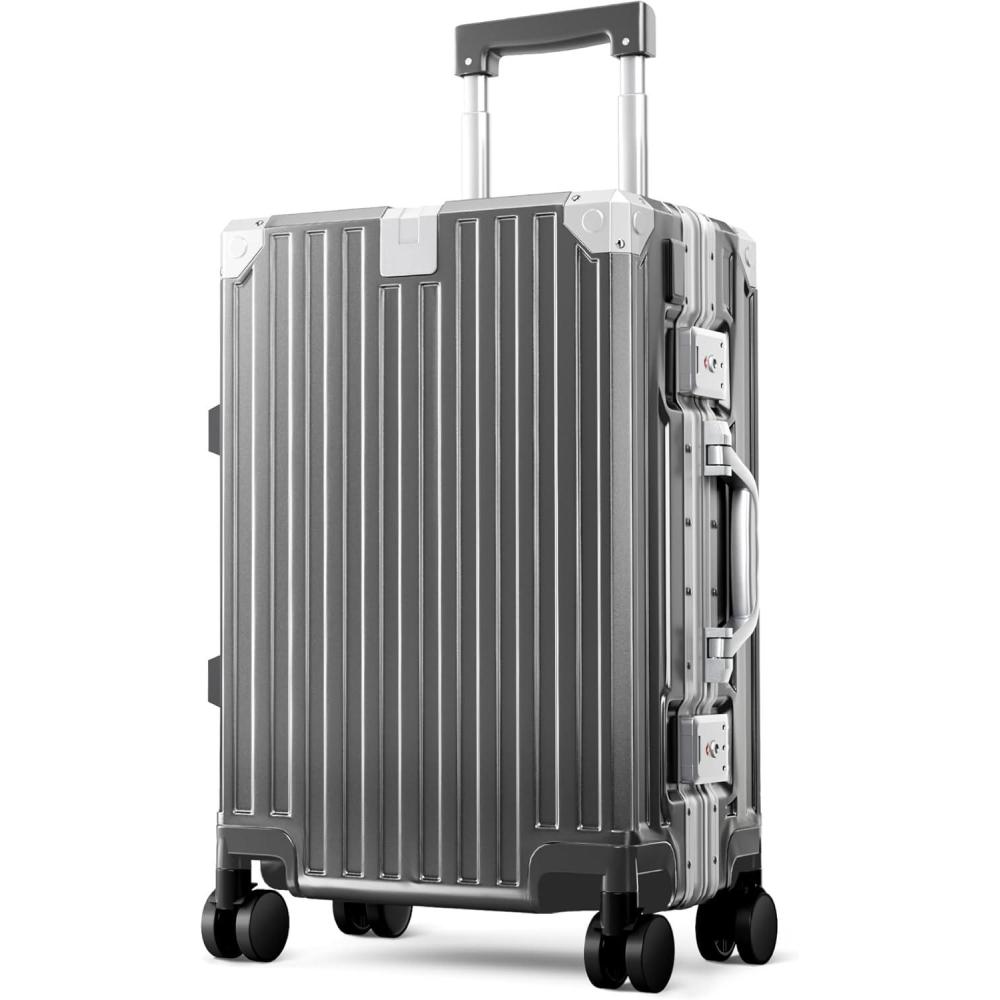 image:imageALPHA CAMP Checked 28 Inch Luggage Thickened Aluminum Frame Luggage with TSA Spinner Wheels 3Layer PC Hard Shell Zipperless Travel Suitcase TypeC USB Charging Port Cup Holder GreyGrey