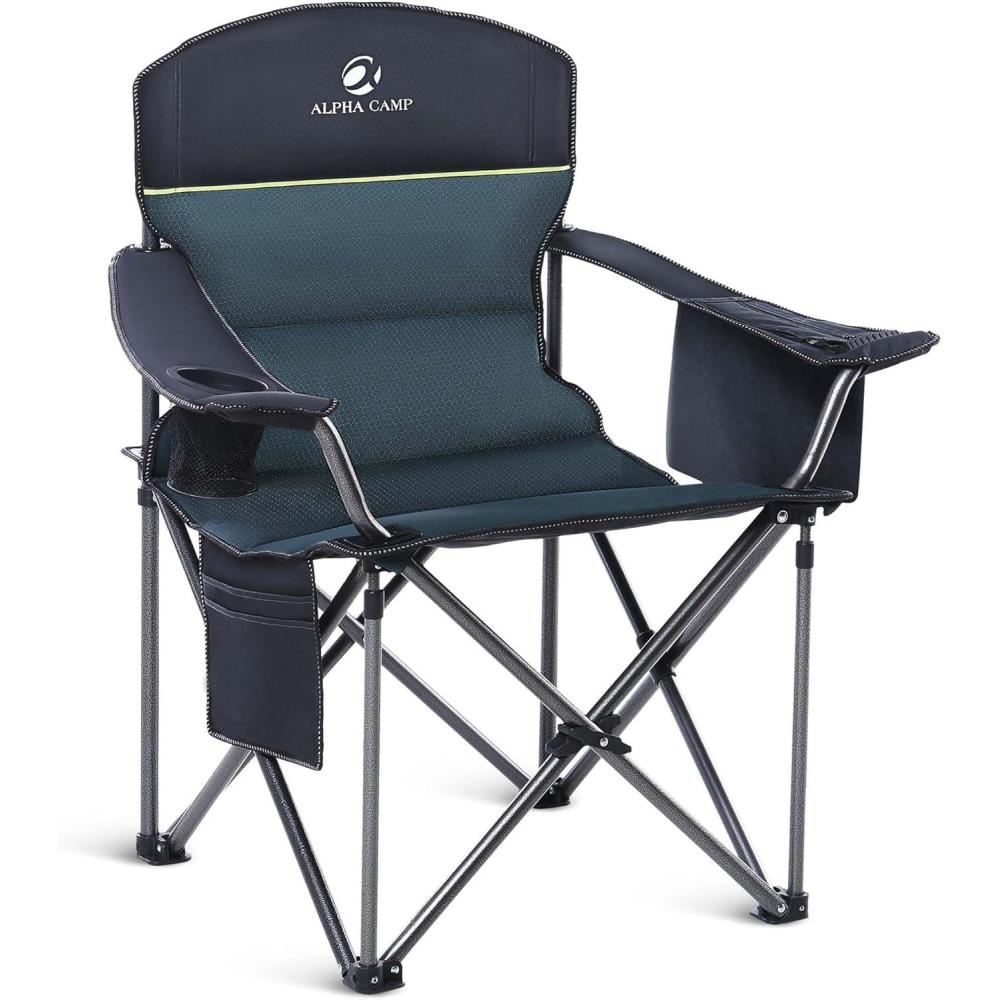 image:imageALPHA CAMP Heavy Duty Camping Chair 500LBS Capacity Oversized Folding Chair for Heavy People Padded Portable Outdoor Chair with Cooler Bag amp Cup Holder for Camping Fishing BeachGreen