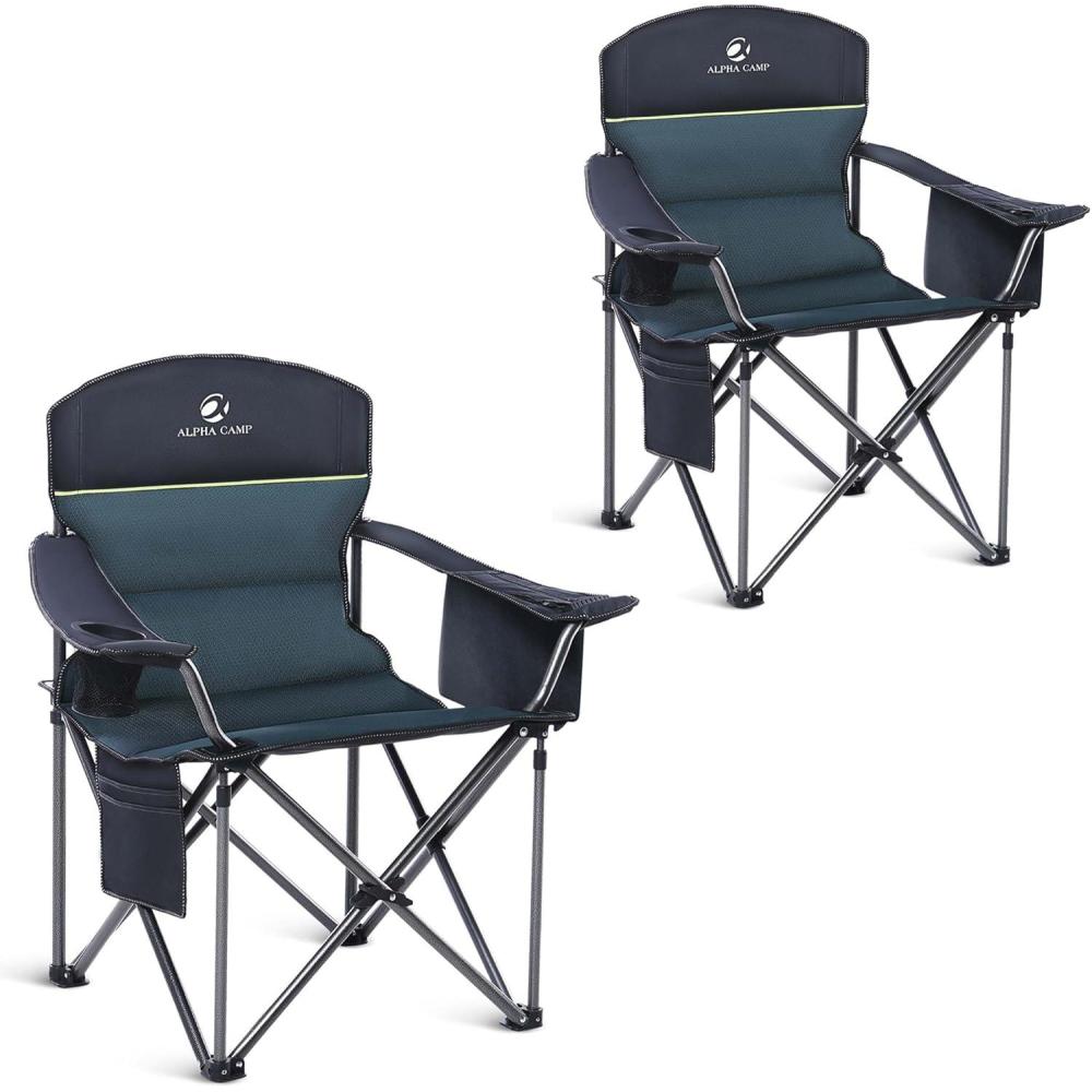 image:imageALPHA CAMP Heavy Duty Camping Chair 500LBS Capacity Oversized Folding Chair for Heavy People Padded Portable Outdoor Chair with Cooler Bag amp Cup Holder for Camping Fishing BeachGreen2pc