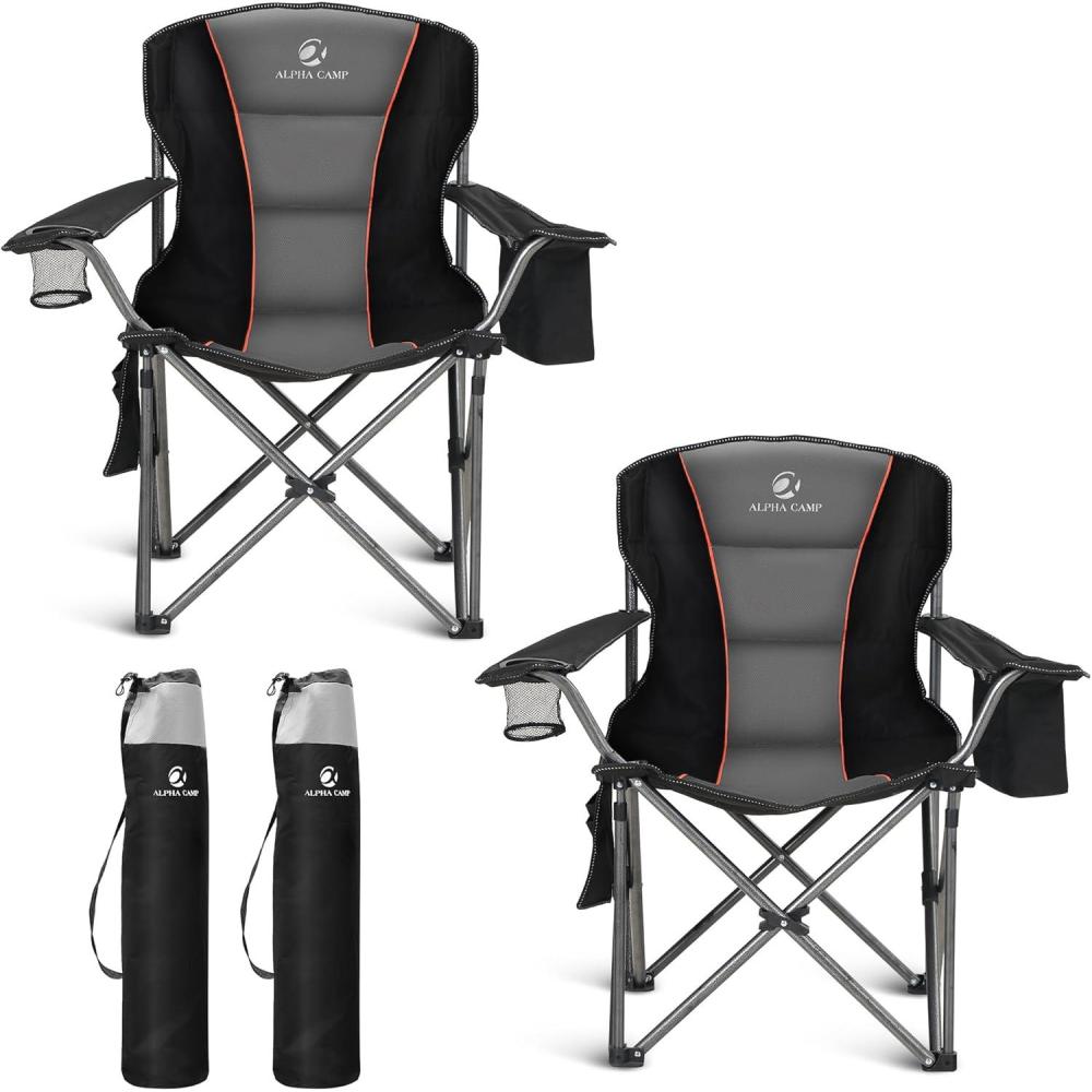 image:imageALPHA CAMP Oversized Folding Camping Chair Heavy Duty Portable Lawn Chairs with Cooler Bag Side Pocket amp Cup Holder Folding Chairs for Outside Support 450 LBSBlack