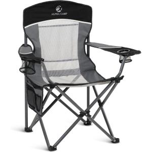 image:imageALPHA CAMP 2PC Oversized Mesh Back Camping Folding Chair Heavy Duty Support 350 LBS Collapsible Steel Frame Quad Chair Padded Arm Chair with Cup Holder Portable for Outdoor Black2PCBlack