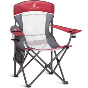 image:imageALPHA CAMP 2PC Oversized Mesh Back Camping Folding Chair Heavy Duty Support 350 LBS Collapsible Steel Frame Quad Chair Padded Arm Chair with Cup Holder Portable for Outdoor Black2PCRed