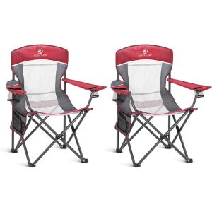 image:imageALPHA CAMP 2PC Oversized Mesh Back Camping Folding Chair Heavy Duty Support 350 LBS Collapsible Steel Frame Quad Chair Padded Arm Chair with Cup Holder Portable for Outdoor Black2PCRed2pc