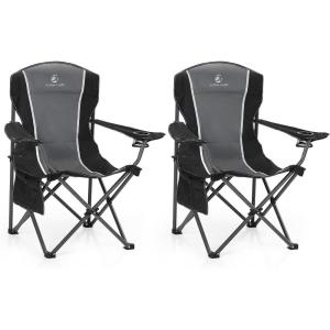 image:imageALPHA CAMP Oversized Camping Folding Chair  Heavy Duty Steel Frame Support 350 LBS Collapsible Padded Arm With Cup Holder Quad Lumbar Back Portable for OutdoorIndoorBlack Grey2pc