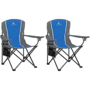 image:imageALPHA CAMP Oversized Camping Folding Chair  Heavy Duty Steel Frame Support 350 LBS Collapsible Padded Arm With Cup Holder Quad Lumbar Back Portable for OutdoorIndoorBlue Gray2pc