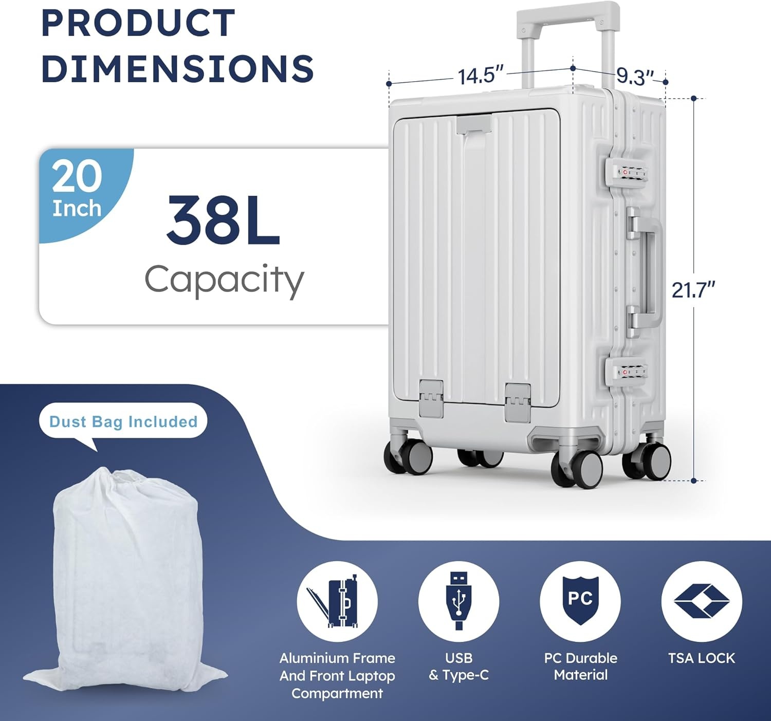 image:imageALPHA CAMP 20 Inch Aluminum Frame CarryOn Luggage Front Opening Hardside Business Suitcase with Laptop Compartment Airline Approved Carry On with TSA Lock USBC Port amp Cup HolderSilverSilver