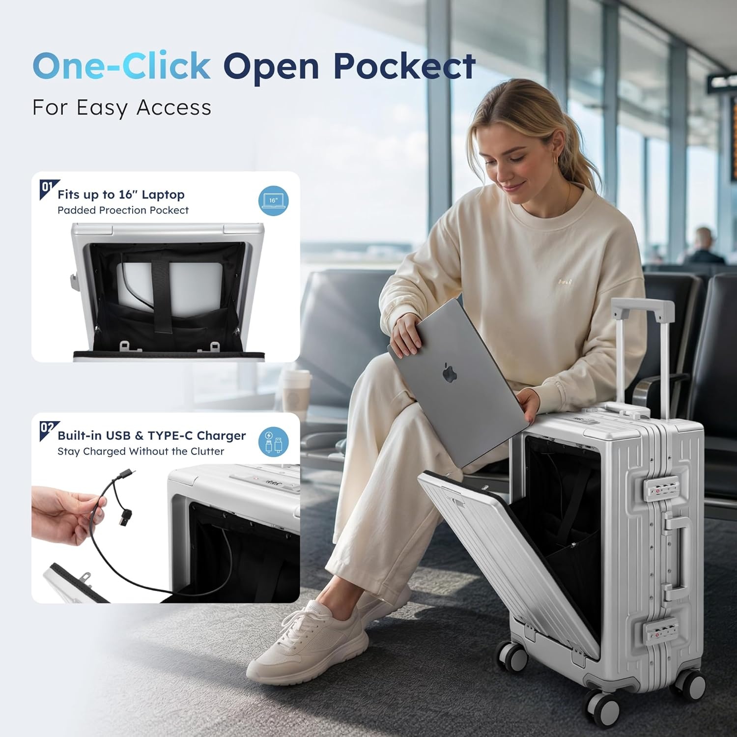 image:imageALPHA CAMP 20 Inch Aluminum Frame CarryOn Luggage Front Opening Hardside Business Suitcase with Laptop Compartment Airline Approved Carry On with TSA Lock USBC Port amp Cup HolderSilverSilver