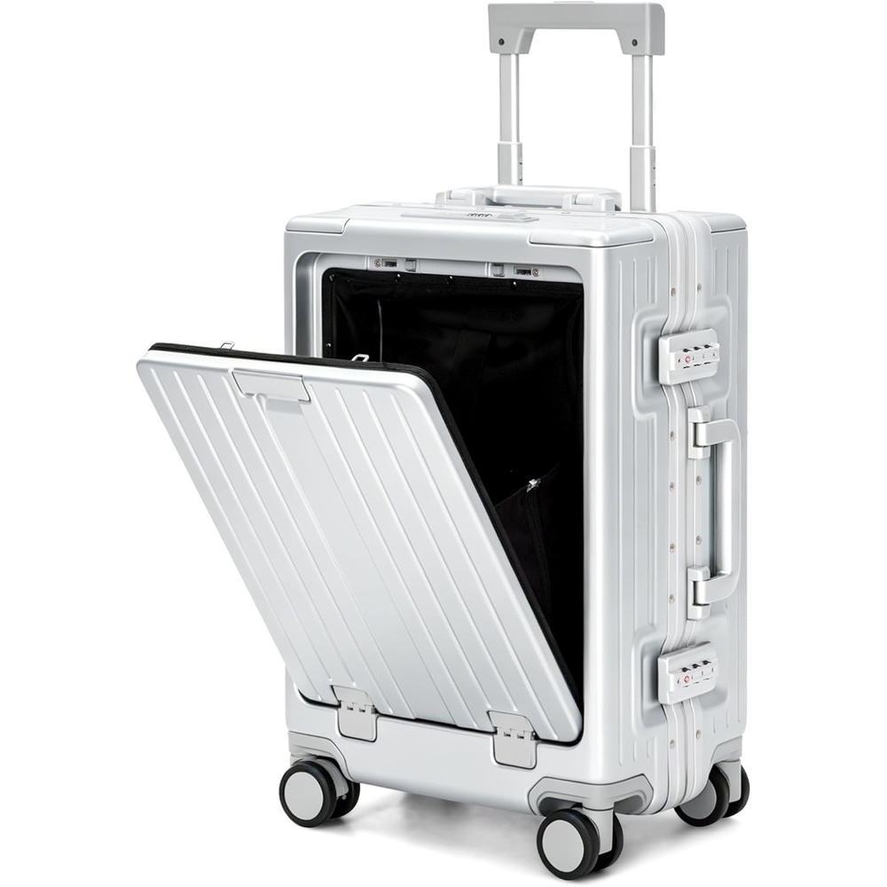 image:imageALPHA CAMP 20 Inch Aluminum Frame CarryOn Luggage Front Opening Hardside Business Suitcase with Laptop Compartment Airline Approved Carry On with TSA Lock USBC Port amp Cup HolderSilverSilver