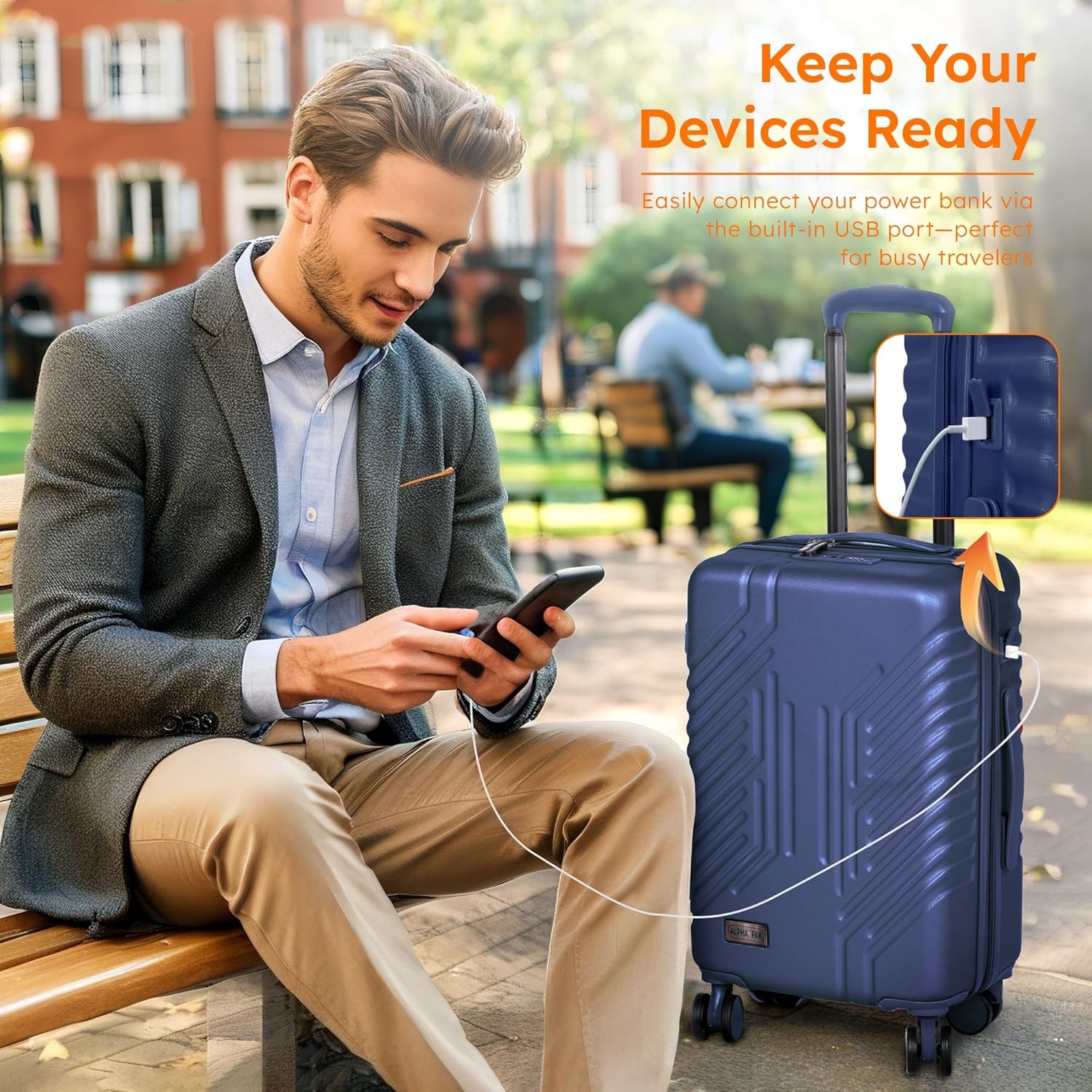 image:imageALPHA CAMP Carry On Luggage 22x14x12 Airline Approved Hardshell Durable PCABS Luggage with Spinner Wheels Lightweight Travel Rolling Suitcase with Builtin TSA LockUSB PortBlackNavy Blue