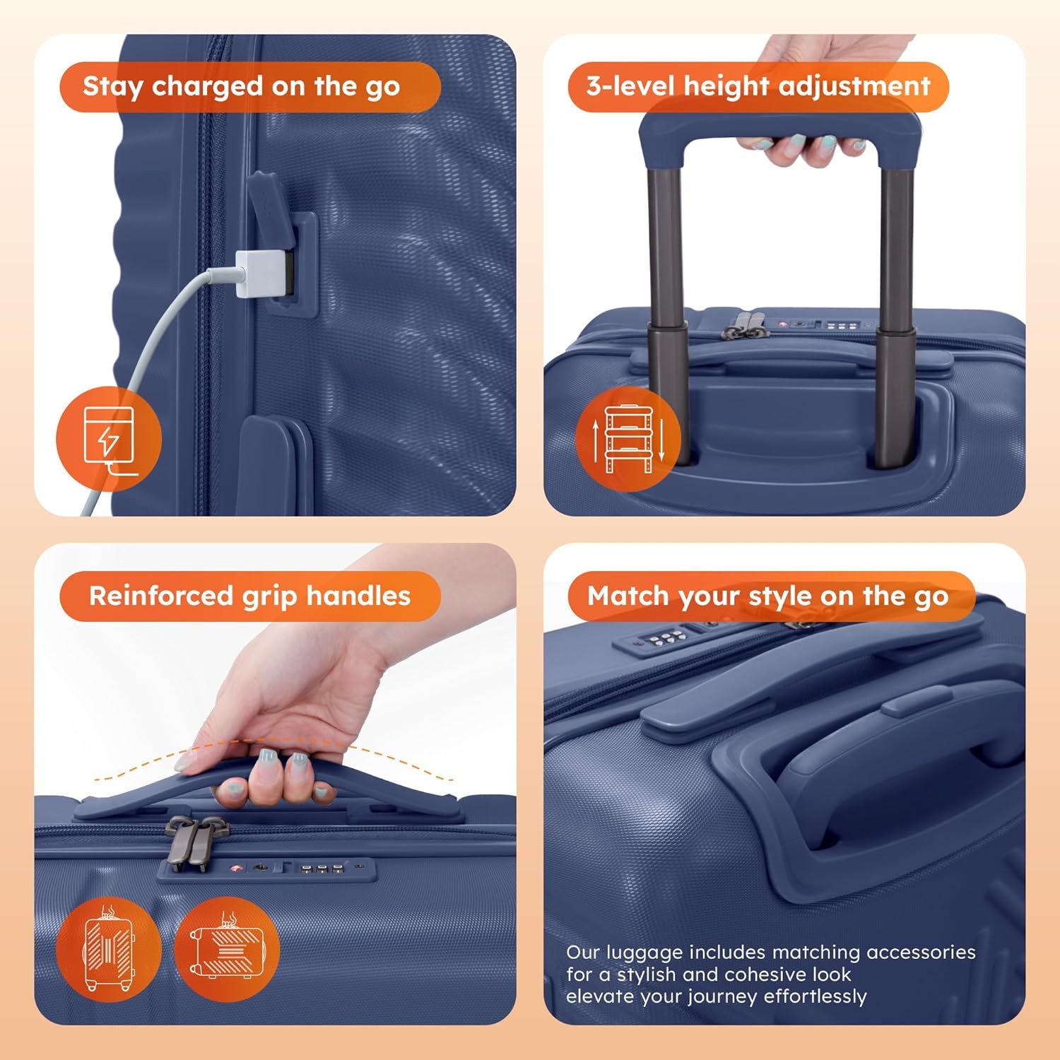 image:imageALPHA CAMP Carry On Luggage 22x14x12 Airline Approved Hardshell Durable PCABS Luggage with Spinner Wheels Lightweight Travel Rolling Suitcase with Builtin TSA LockUSB PortBlackNavy Blue