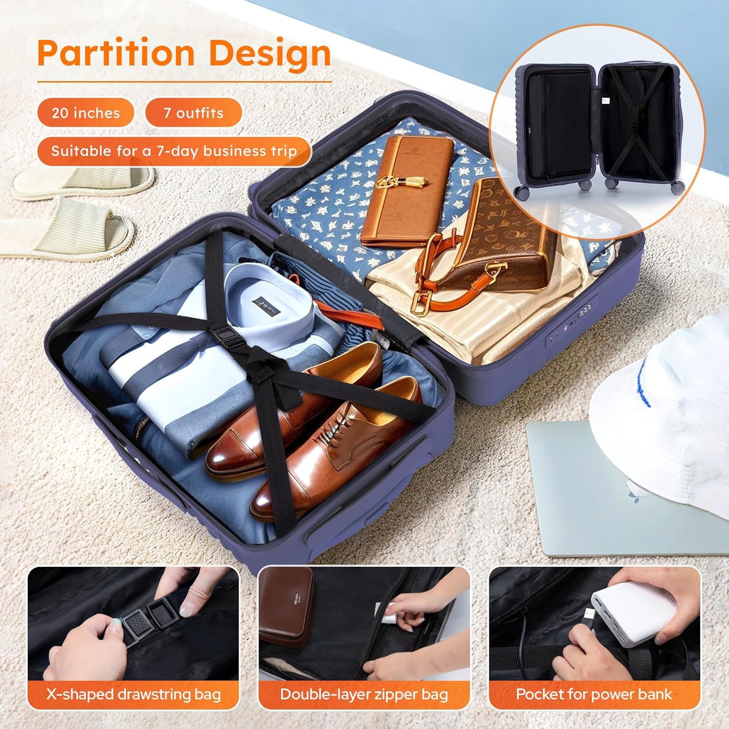 image:imageALPHA CAMP Carry On Luggage 22x14x12 Airline Approved Hardshell Durable PCABS Luggage with Spinner Wheels Lightweight Travel Rolling Suitcase with Builtin TSA LockUSB PortBlackNavy Blue